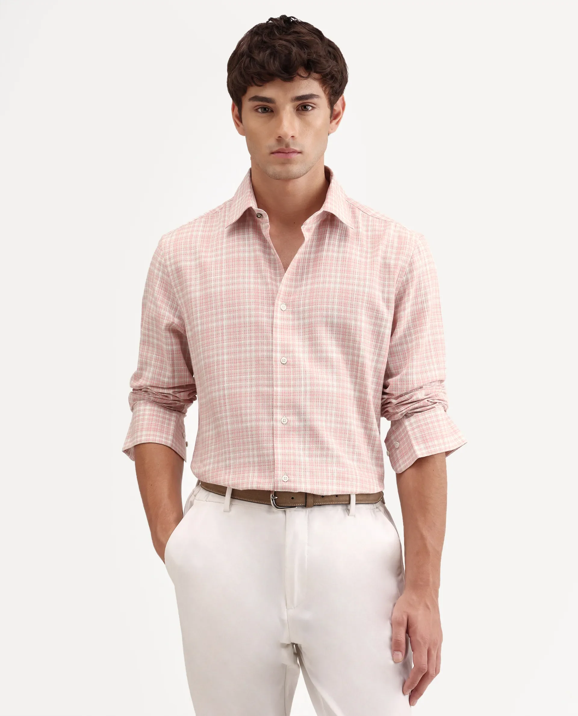 Rare Rabbit Men's Trale Light Pink Cotton Fabric Full Sleeve Regular Fit Checked Shirt - Image 4