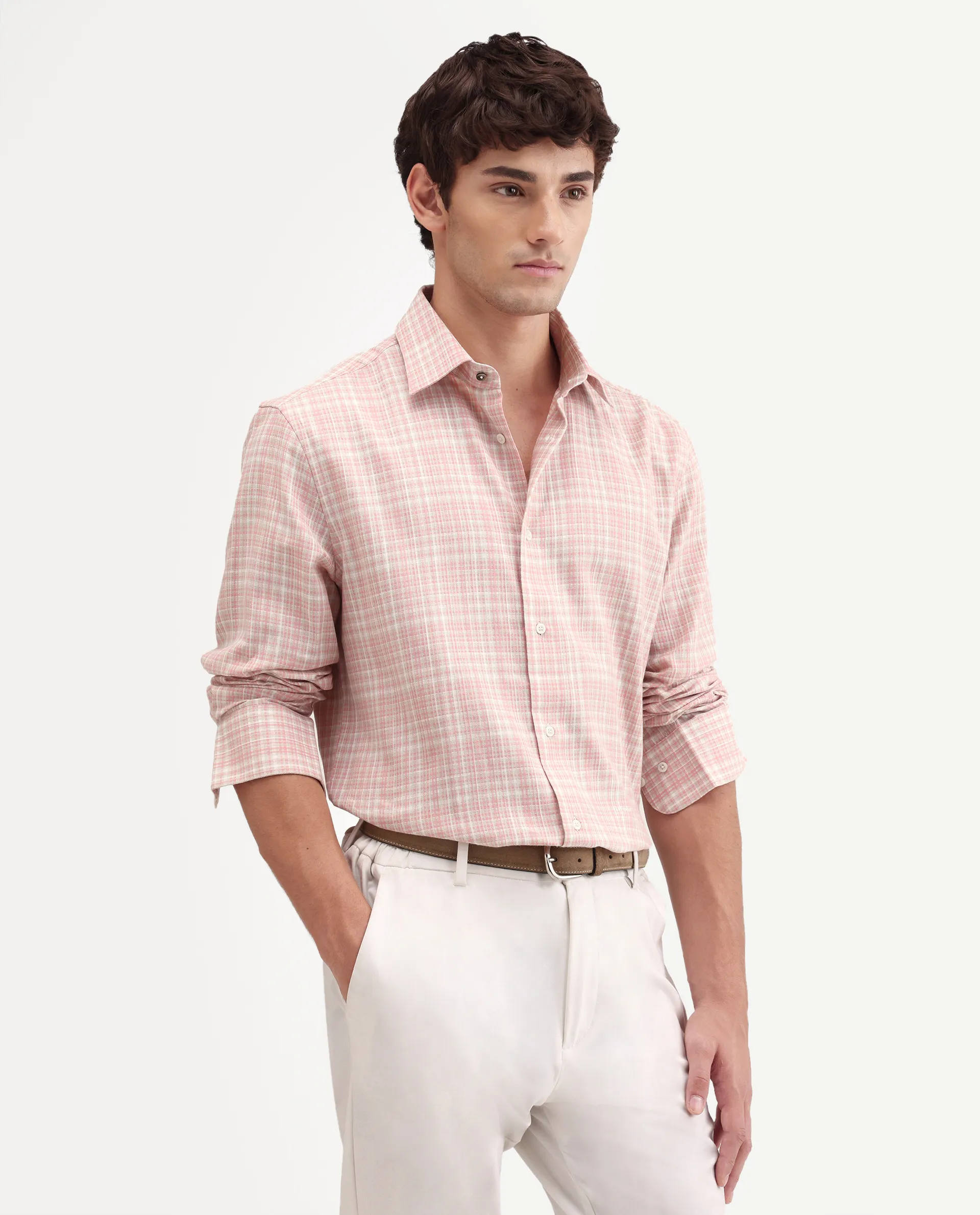 Rare Rabbit Men's Trale Light Pink Cotton Fabric Full Sleeve Regular Fit Checked Shirt - Image 5