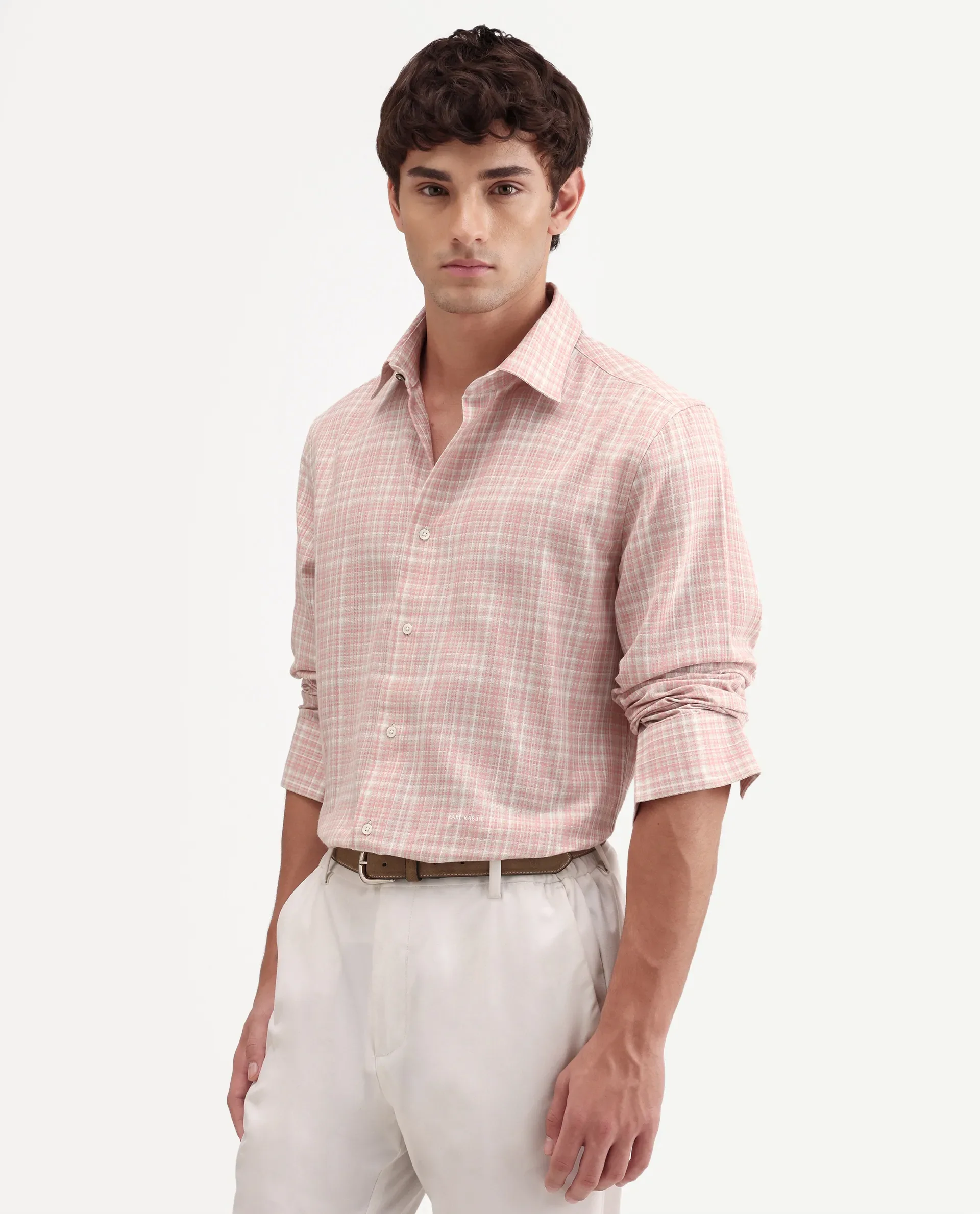 Rare Rabbit Men's Trale Light Pink Cotton Fabric Full Sleeve Regular Fit Checked Shirt - Image 6