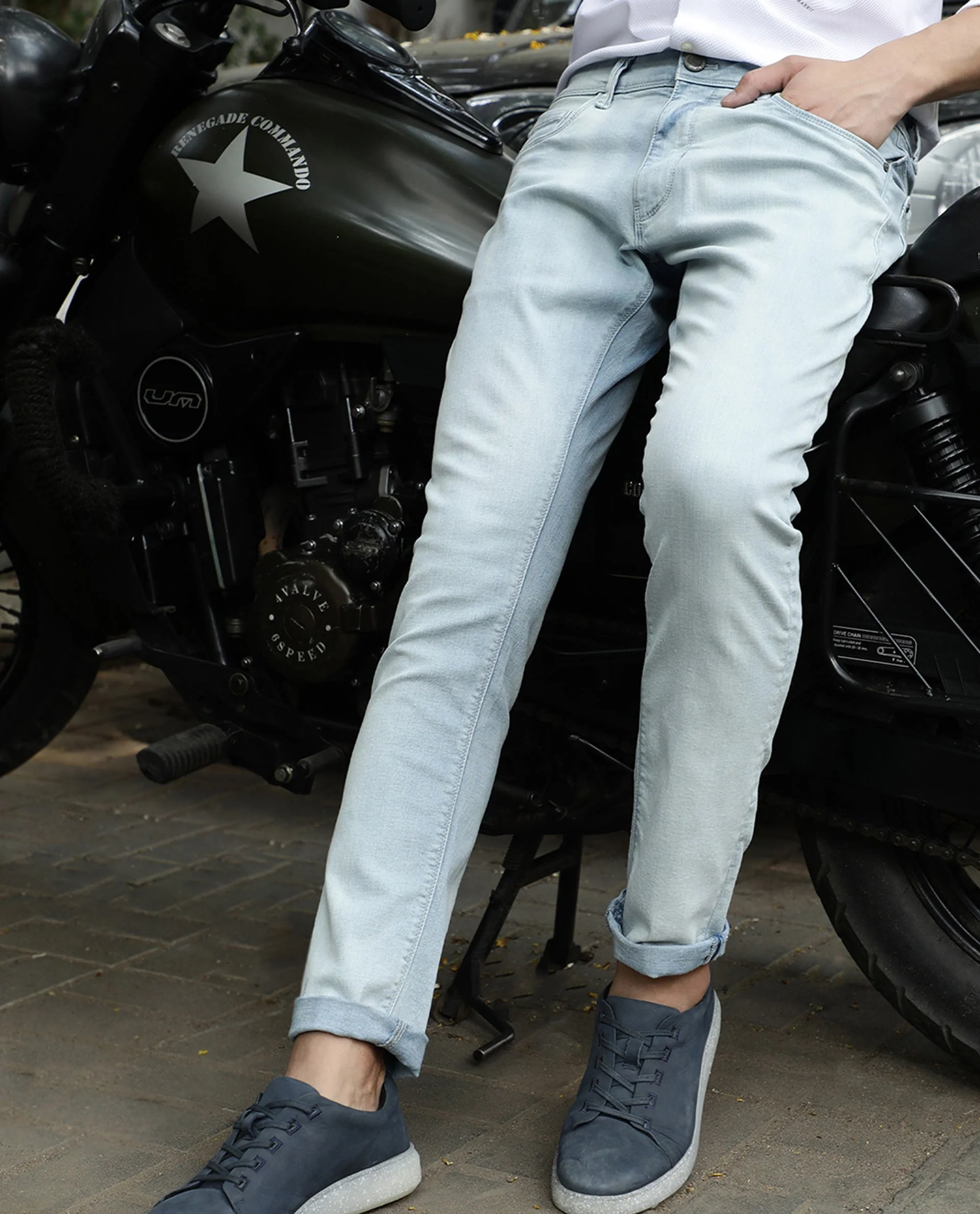 Rare Rabbit Men's Tram Blue Cotton Plain Hawk Slim Fit Jeans - Image 4