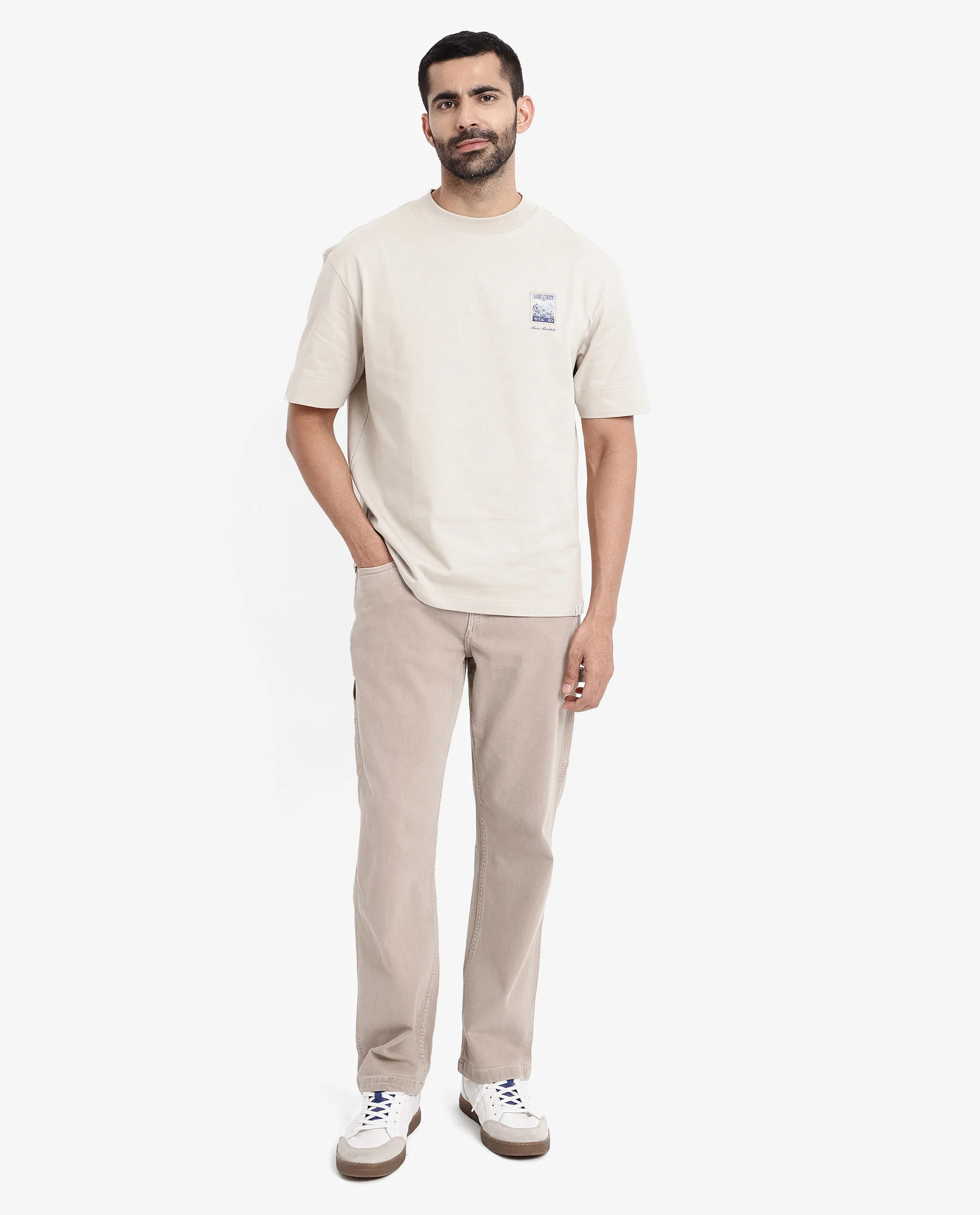 Rare Rabbit Men's Trams Beige Cotton Graphic Print Oversized Fit Half Sleeve Crew Neck T-Shirt - Image 3
