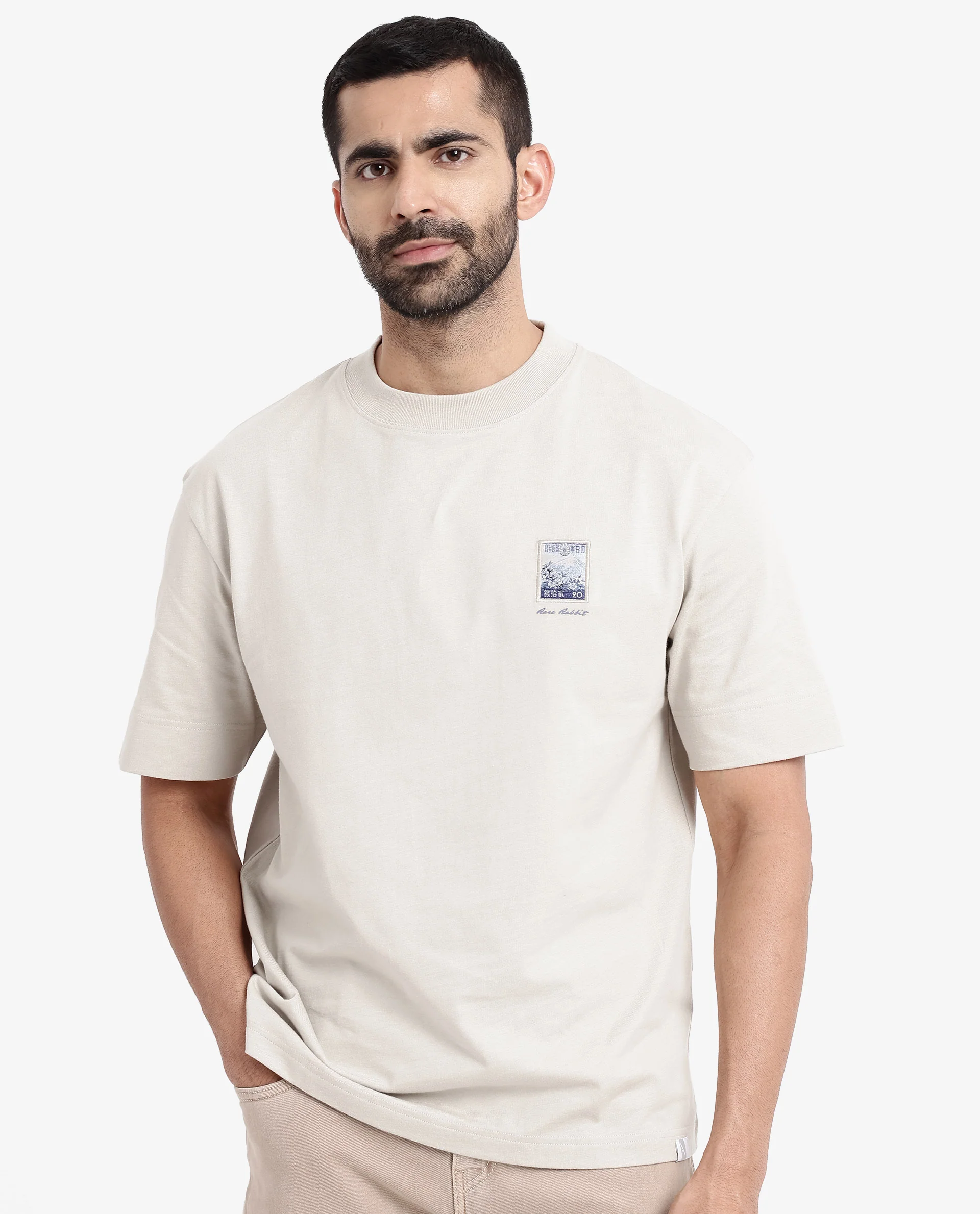 Rare Rabbit Men's Trams Beige Cotton Graphic Print Oversized Fit Half Sleeve Crew Neck T-Shirt - Image 4