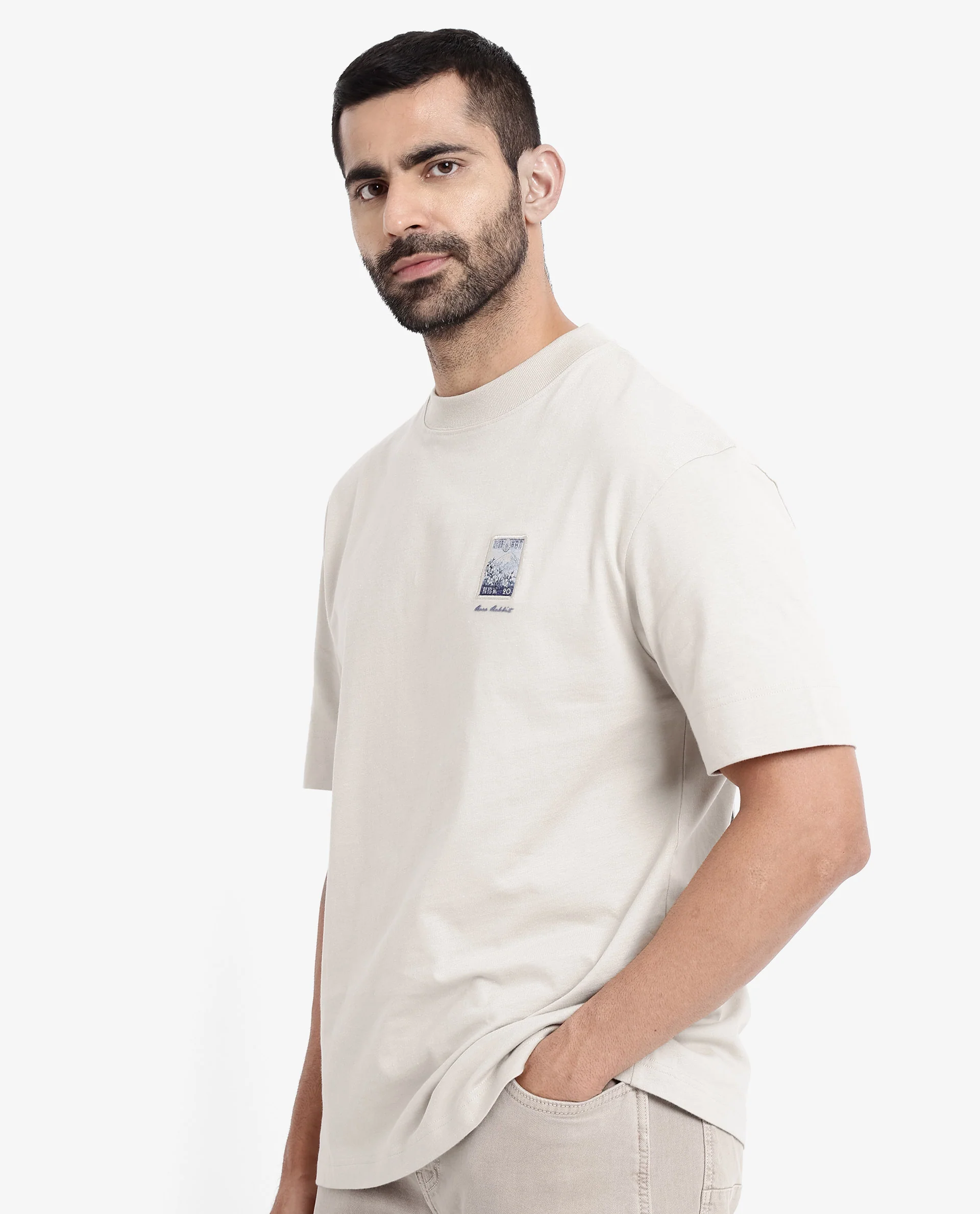 Rare Rabbit Men's Trams Beige Cotton Graphic Print Oversized Fit Half Sleeve Crew Neck T-Shirt - Image 8