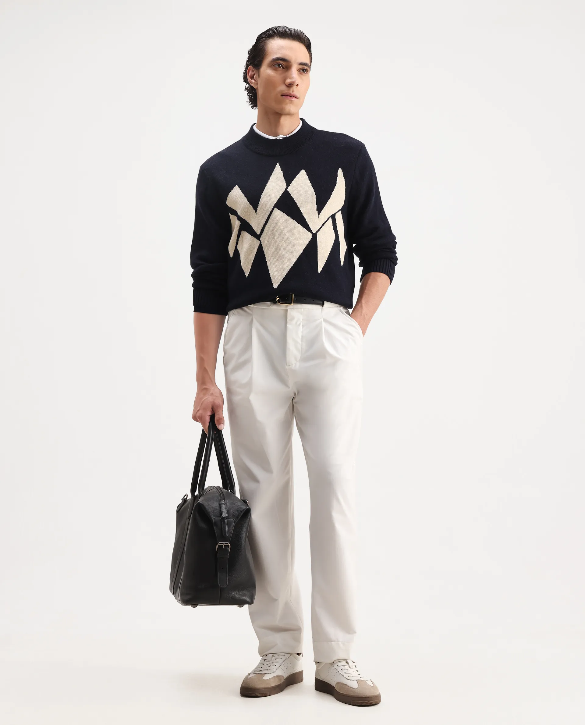 Rare Rabbit Men's Tran Navy Acrylic Abstract Print Regular Fit Full Sleeve Crew Neck Sweater - Image 2