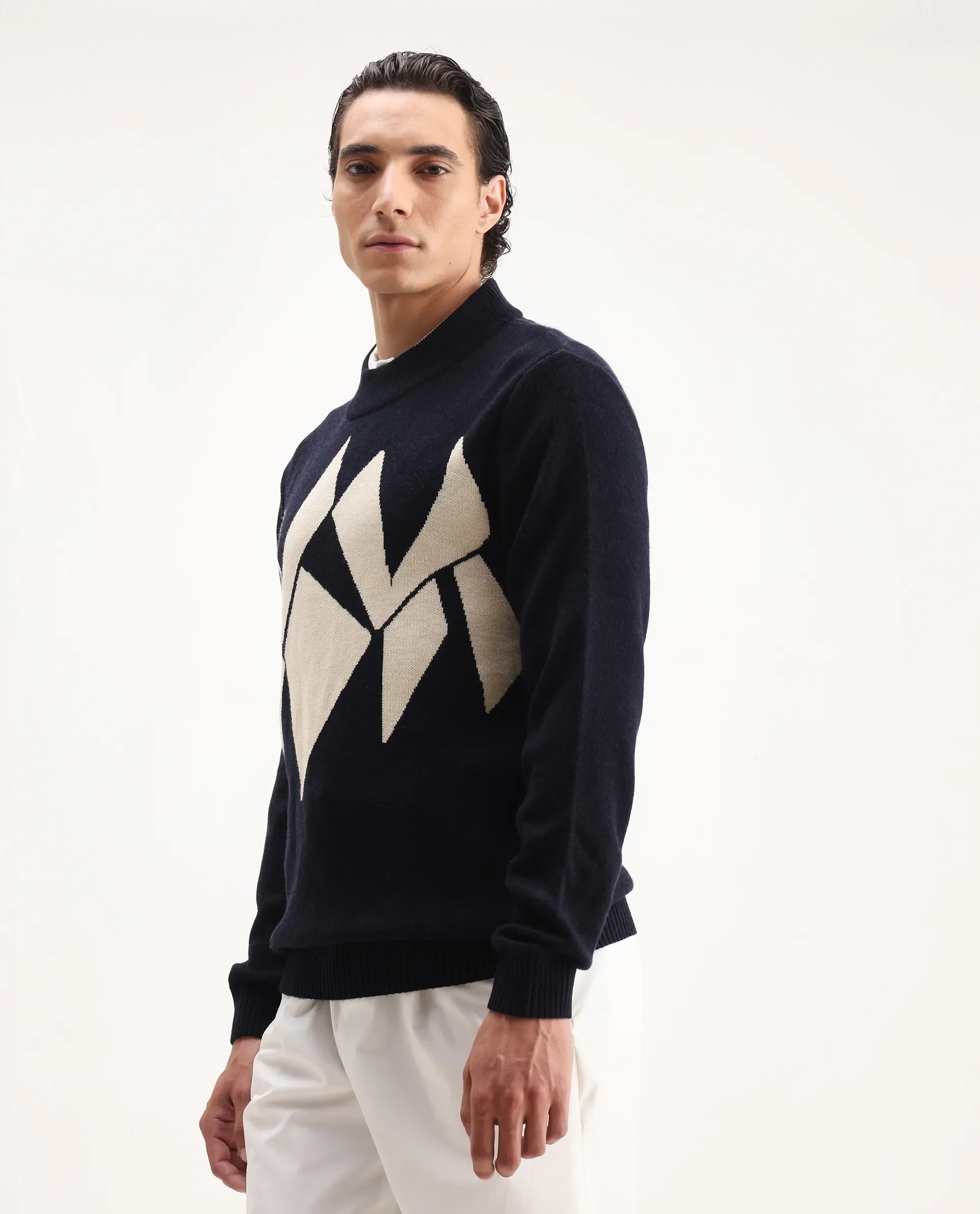 Rare Rabbit Men's Tran Navy Acrylic Abstract Print Regular Fit Full Sleeve Crew Neck Sweater - Image 3