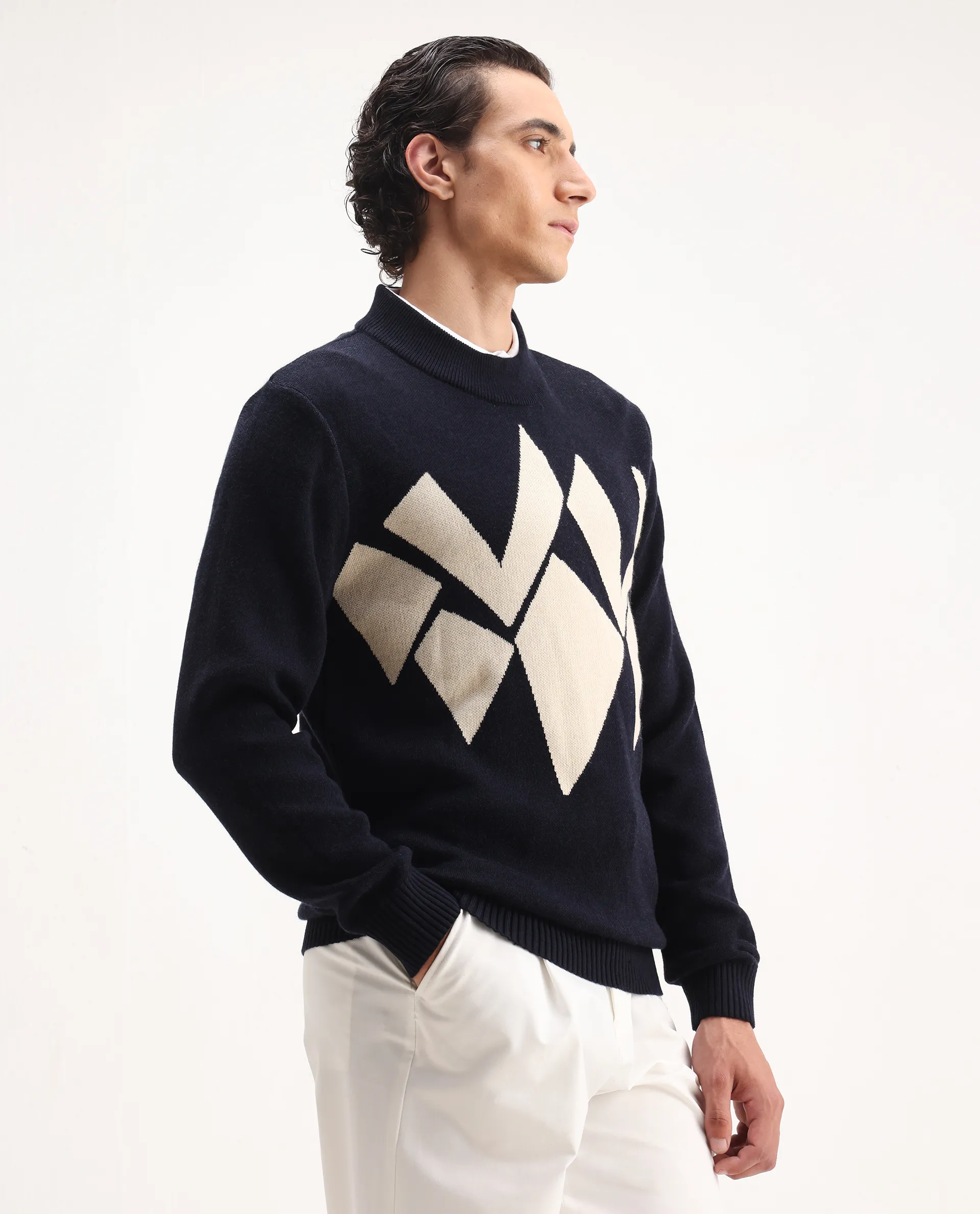 Rare Rabbit Men's Tran Navy Acrylic Abstract Print Regular Fit Full Sleeve Crew Neck Sweater - Image 4