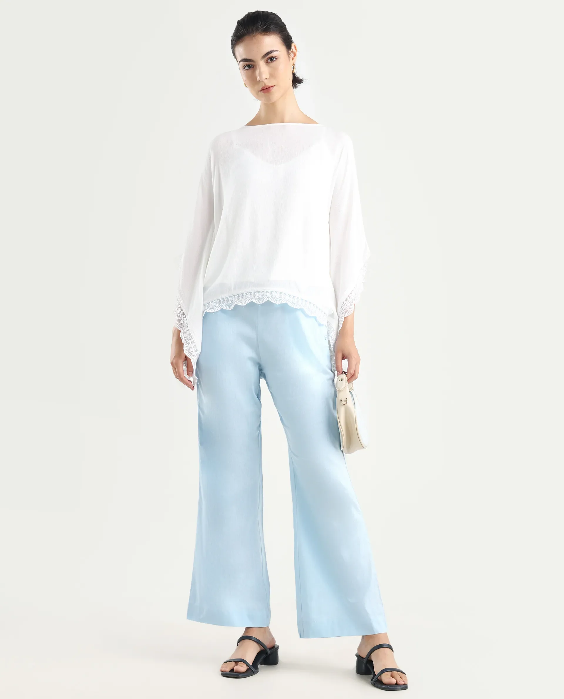 Rareism Women's Trani Light Blue Cotton Blend Plain Ankle Length Wide Leg Trouser - Image 2
