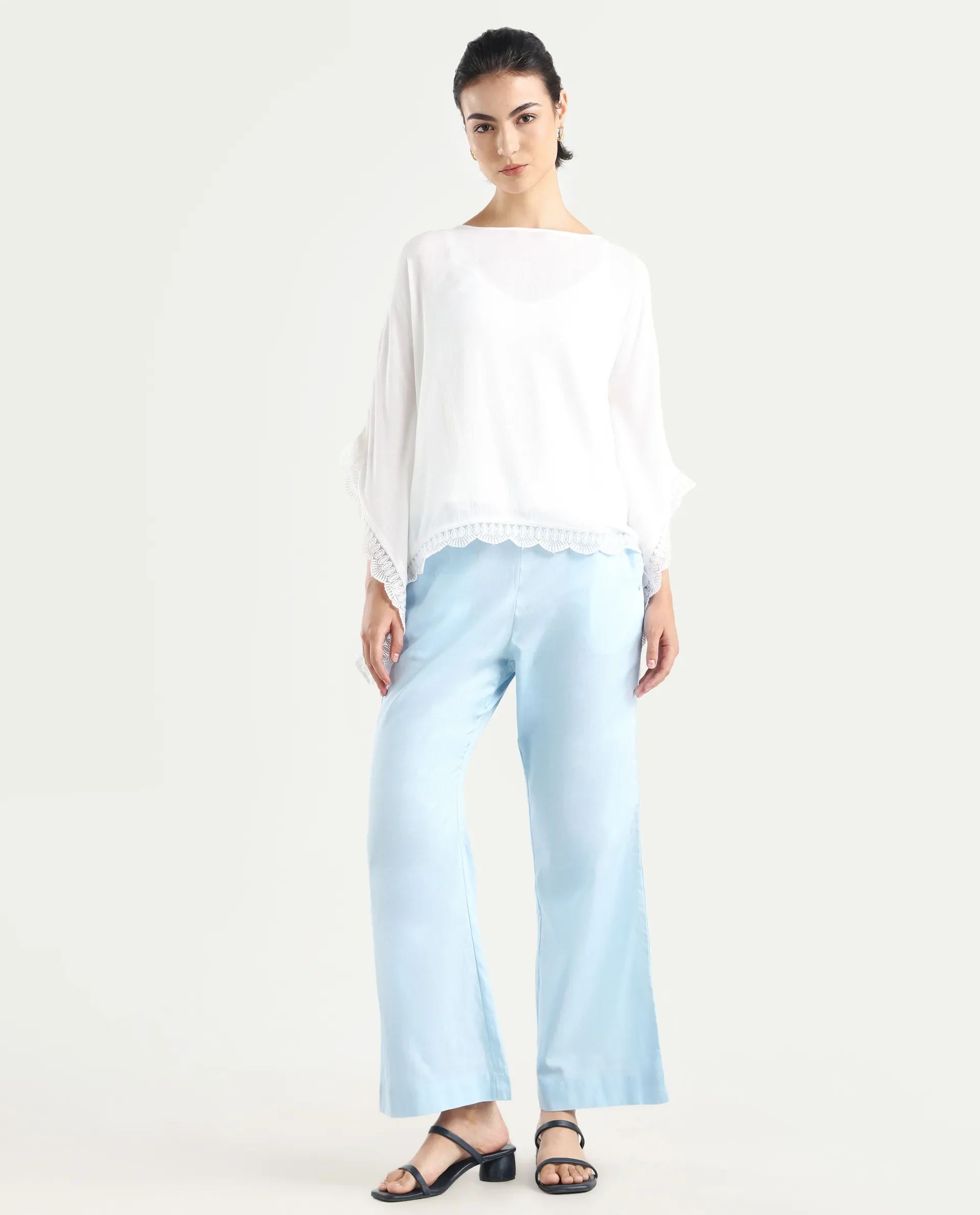 Rareism Women's Trani Light Blue Cotton Blend Plain Ankle Length Wide Leg Trouser - Image 3