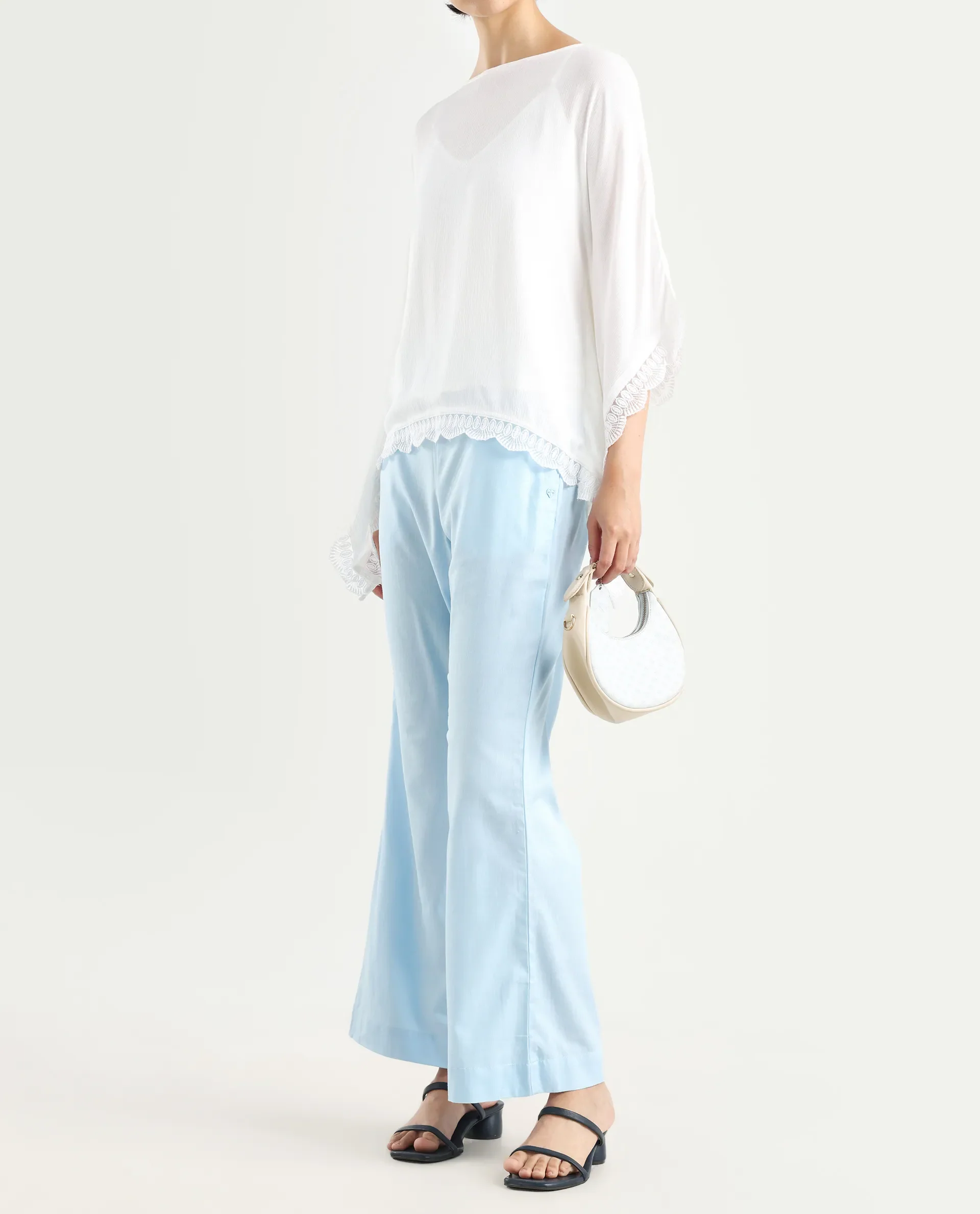 Rareism Women's Trani Light Blue Cotton Blend Plain Ankle Length Wide Leg Trouser - Image 5