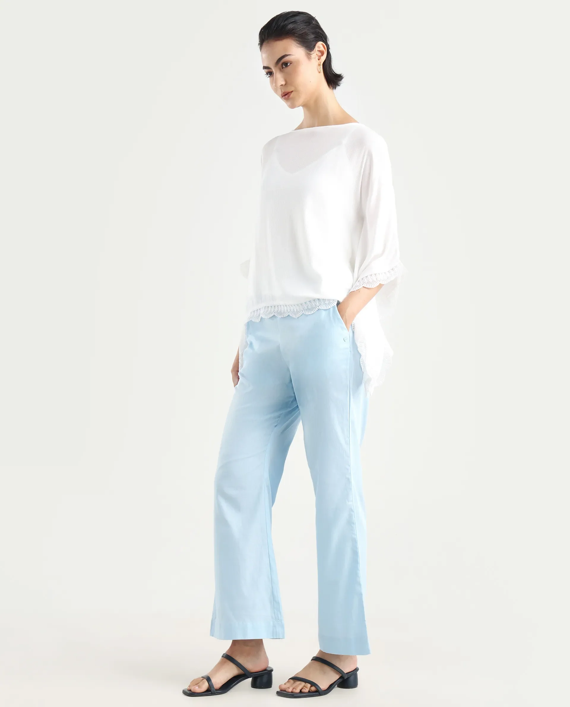 Rareism Women's Trani Light Blue Cotton Blend Plain Ankle Length Wide Leg Trouser - Image 6
