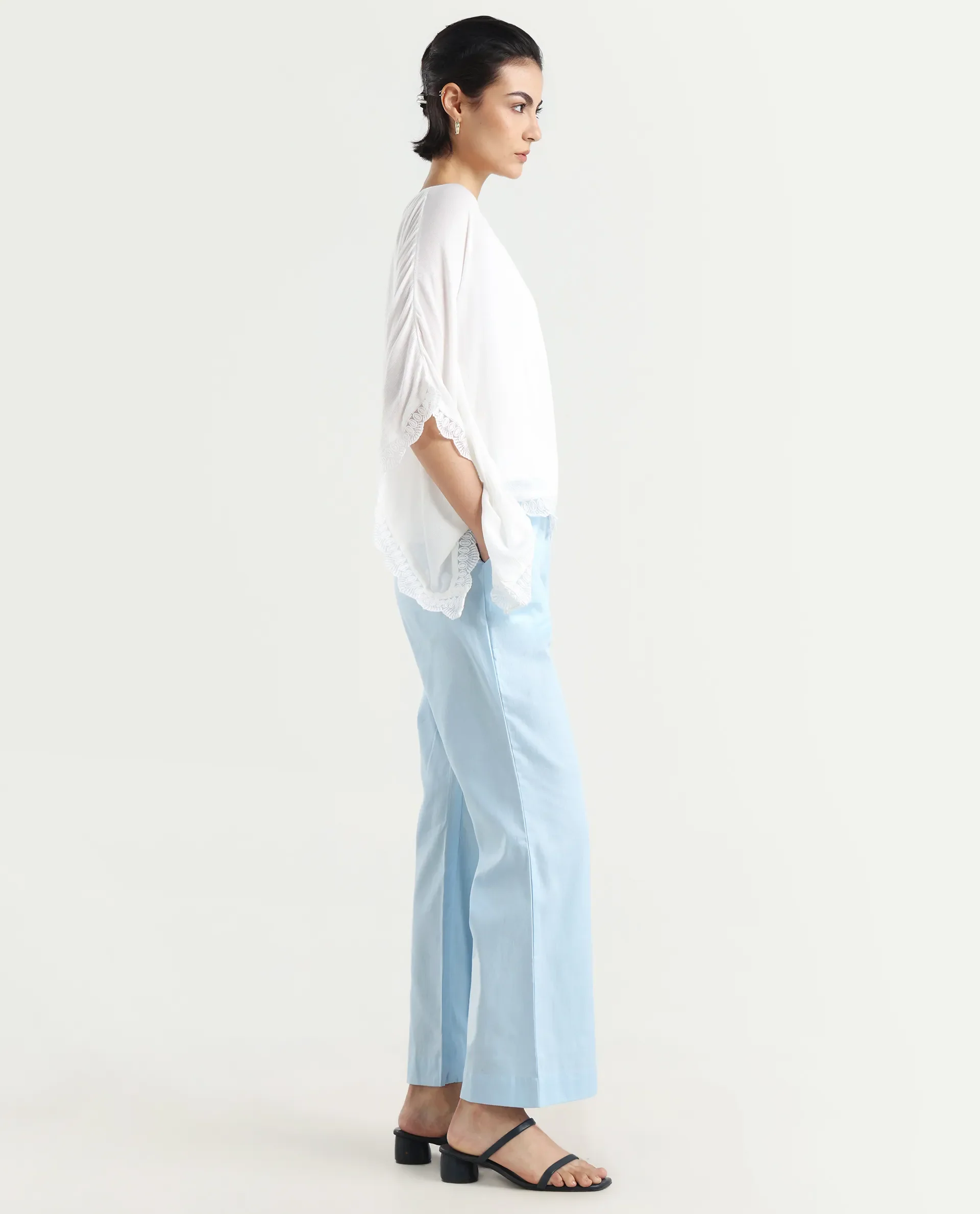 Rareism Women's Trani Light Blue Cotton Blend Plain Ankle Length Wide Leg Trouser - Image 7