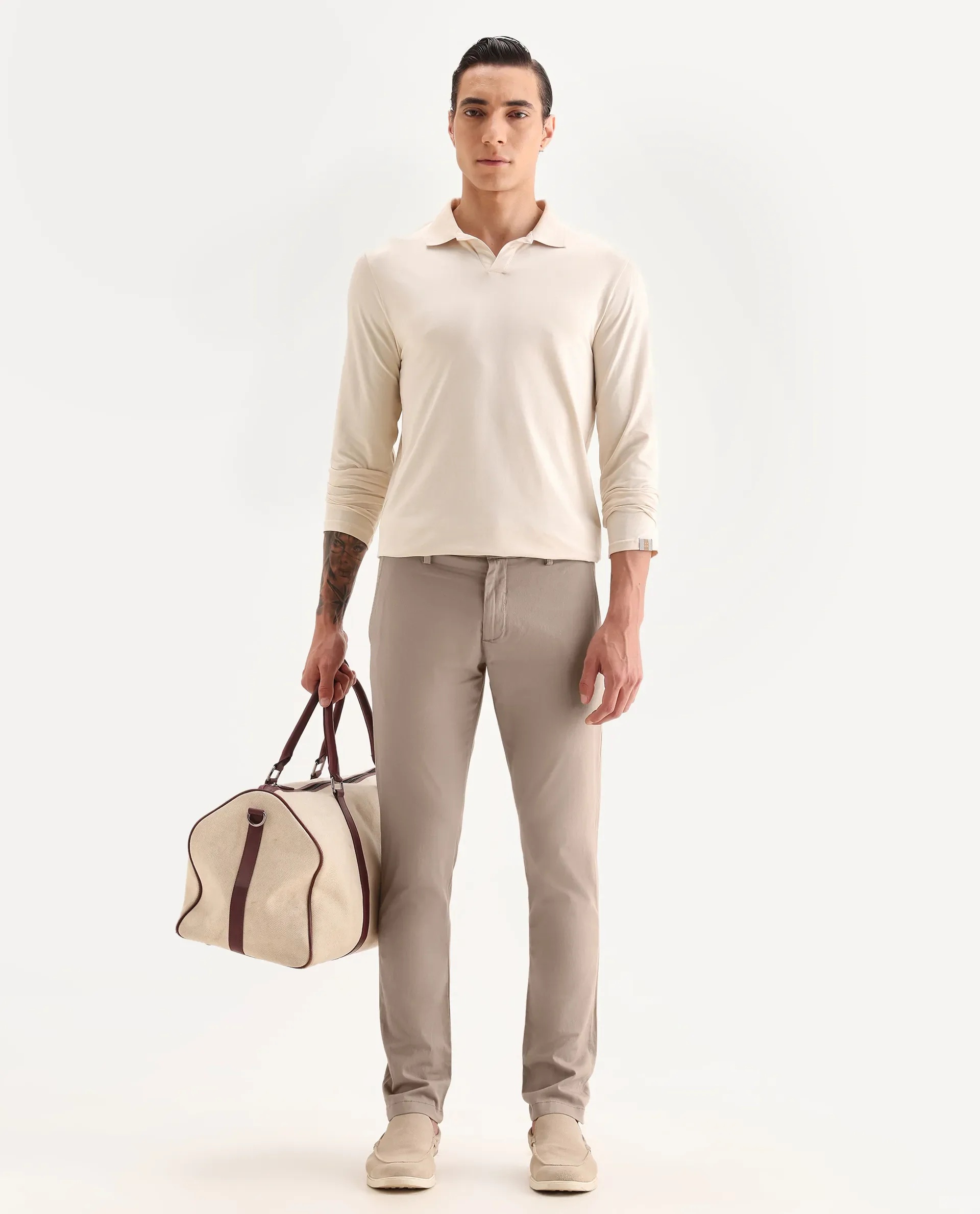 Rare Rabbit Men's Trans Beige Cotton Plain Regular Fit Trouser