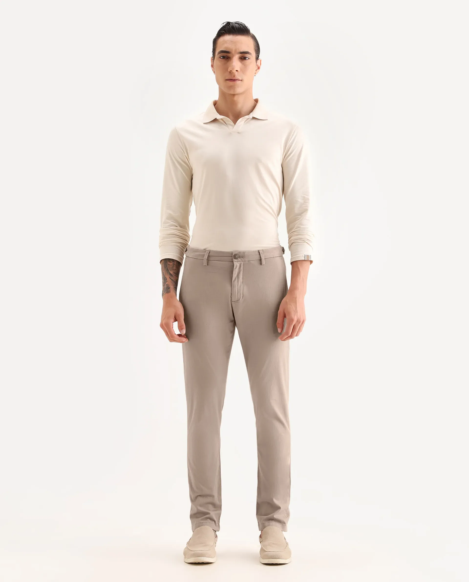 Rare Rabbit Men's Trans Beige Cotton Plain Regular Fit Trouser - Image 4
