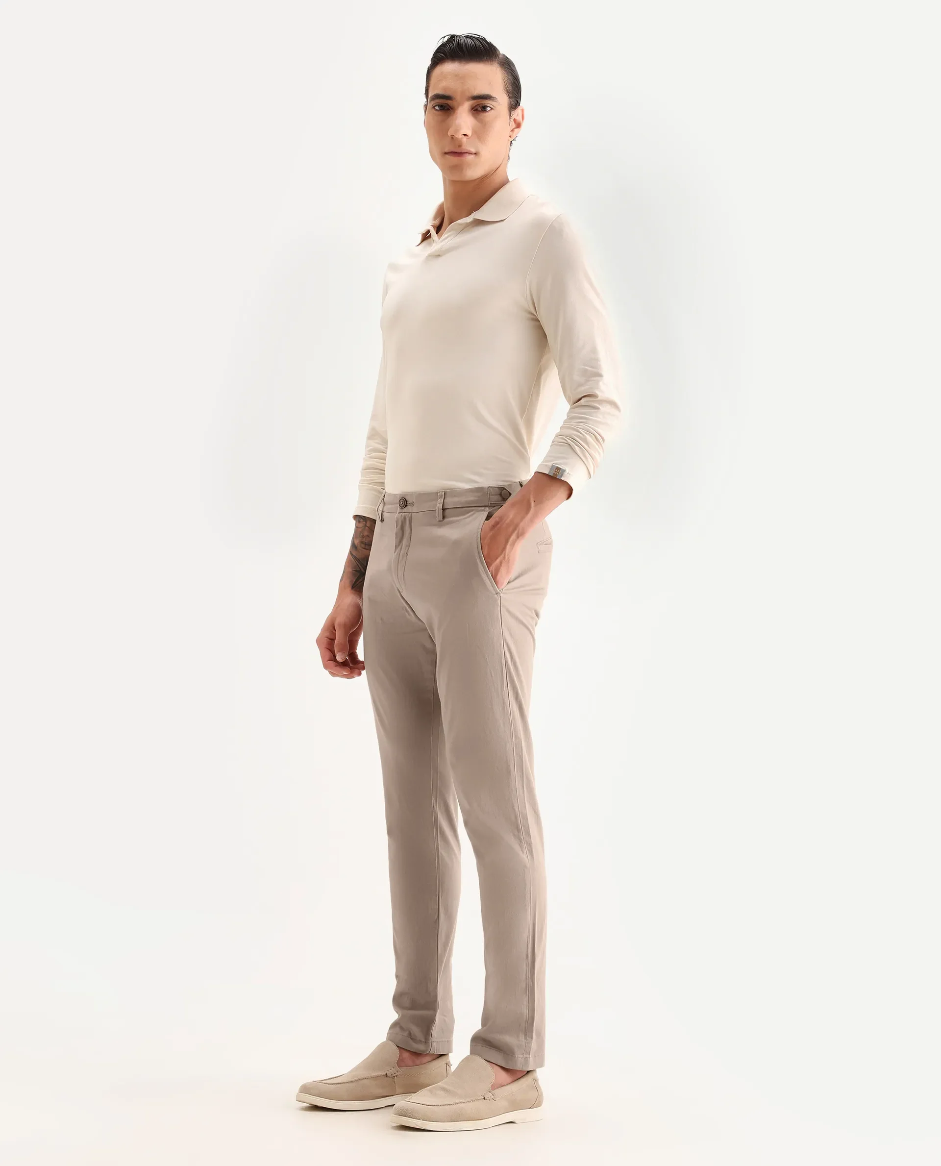 Rare Rabbit Men's Trans Beige Cotton Plain Regular Fit Trouser - Image 5