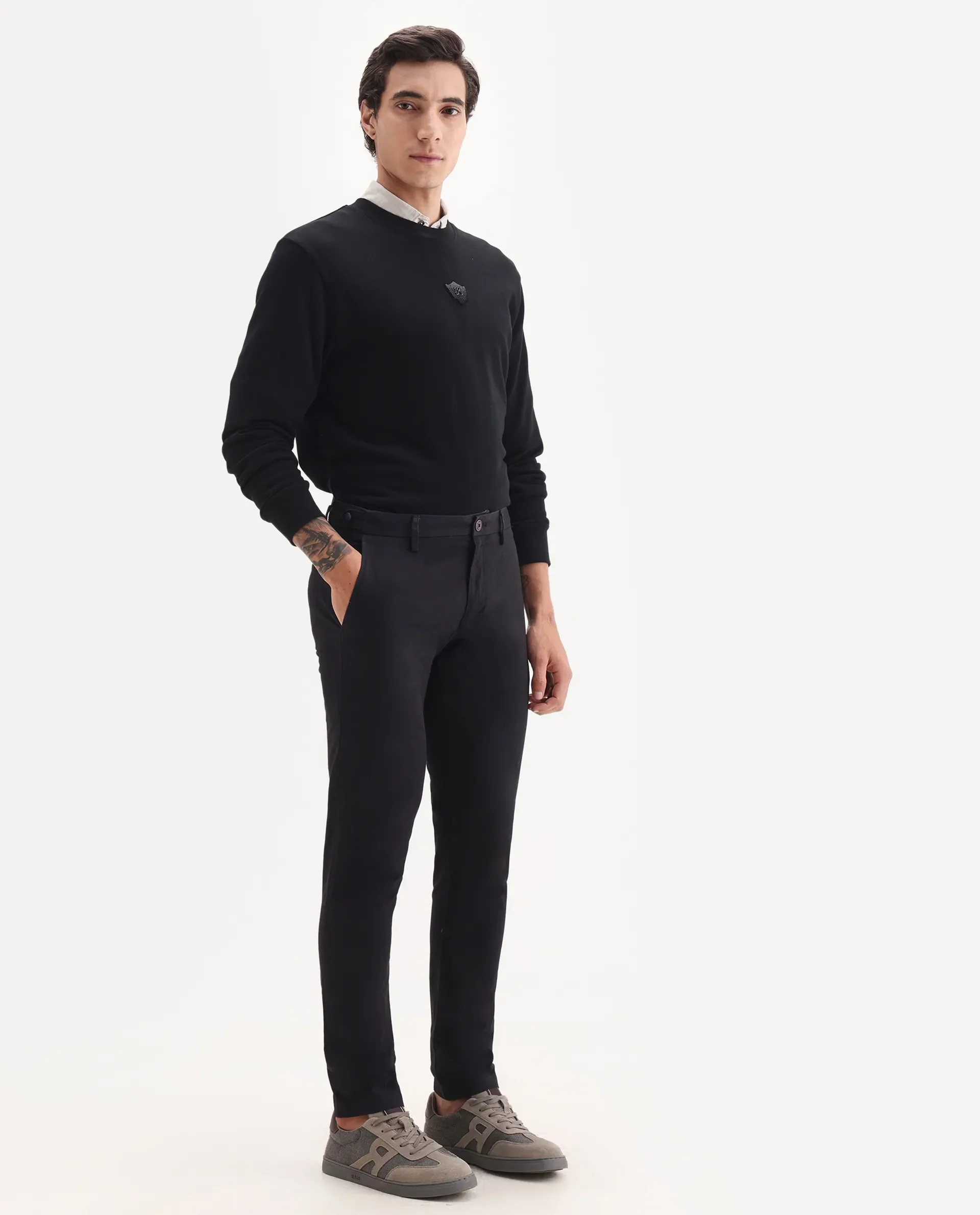 Rare Rabbit Men's Trans Black Cotton Plain Regular Fit Trouser - Image 4
