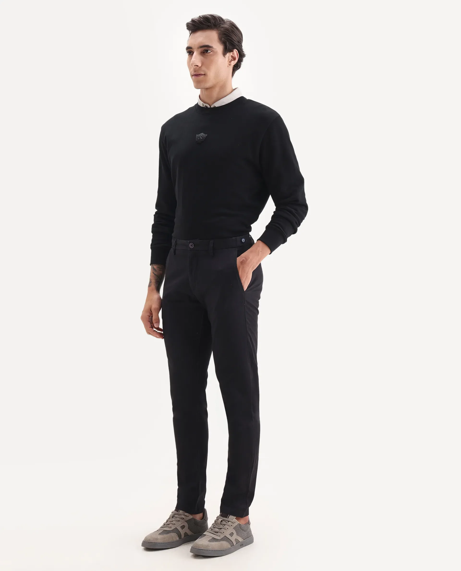 Rare Rabbit Men's Trans Black Cotton Plain Regular Fit Trouser - Image 5