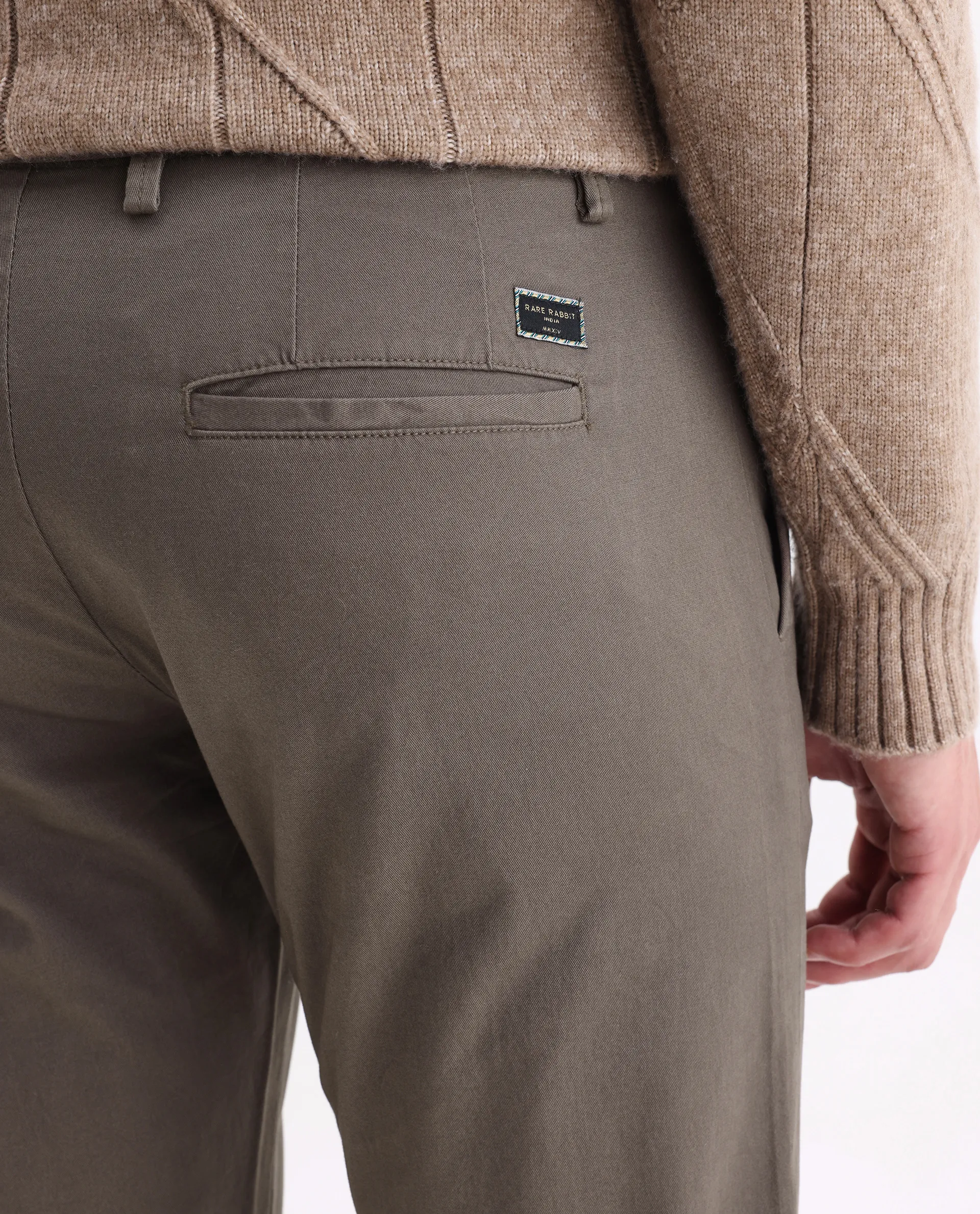 Rare Rabbit Men's Trans Khaki Cotton Plain Regular Fit Trouser - Image 3
