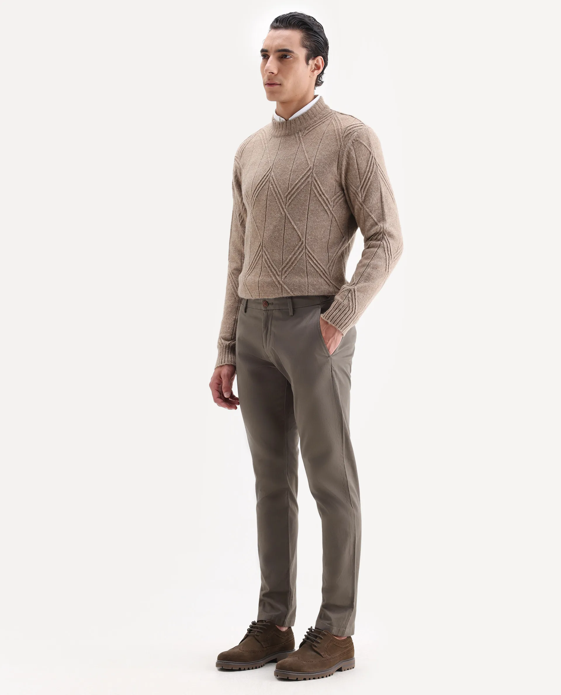 Rare Rabbit Men's Trans Khaki Cotton Plain Regular Fit Trouser - Image 5