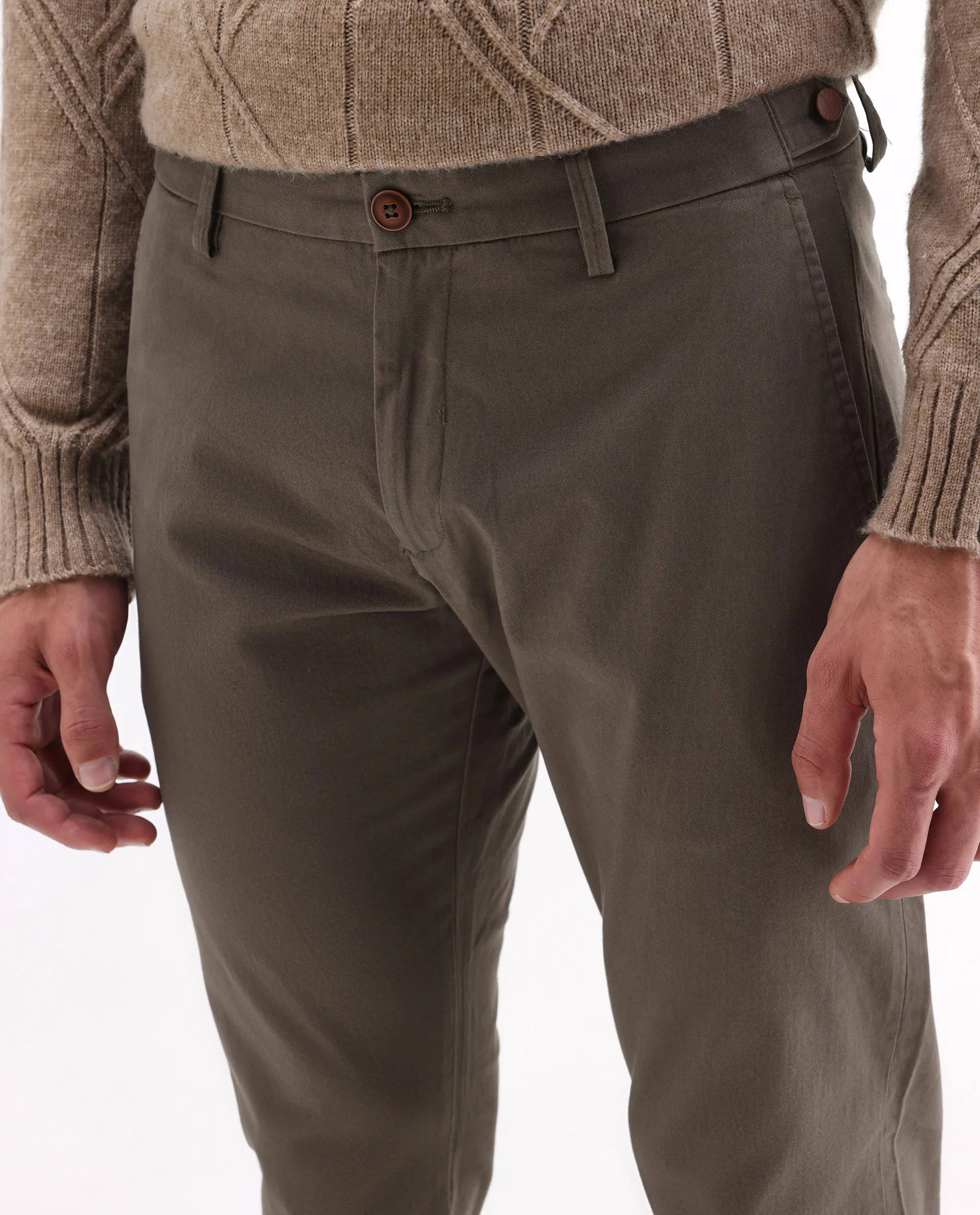 Rare Rabbit Men's Trans Khaki Cotton Plain Regular Fit Trouser - Image 7