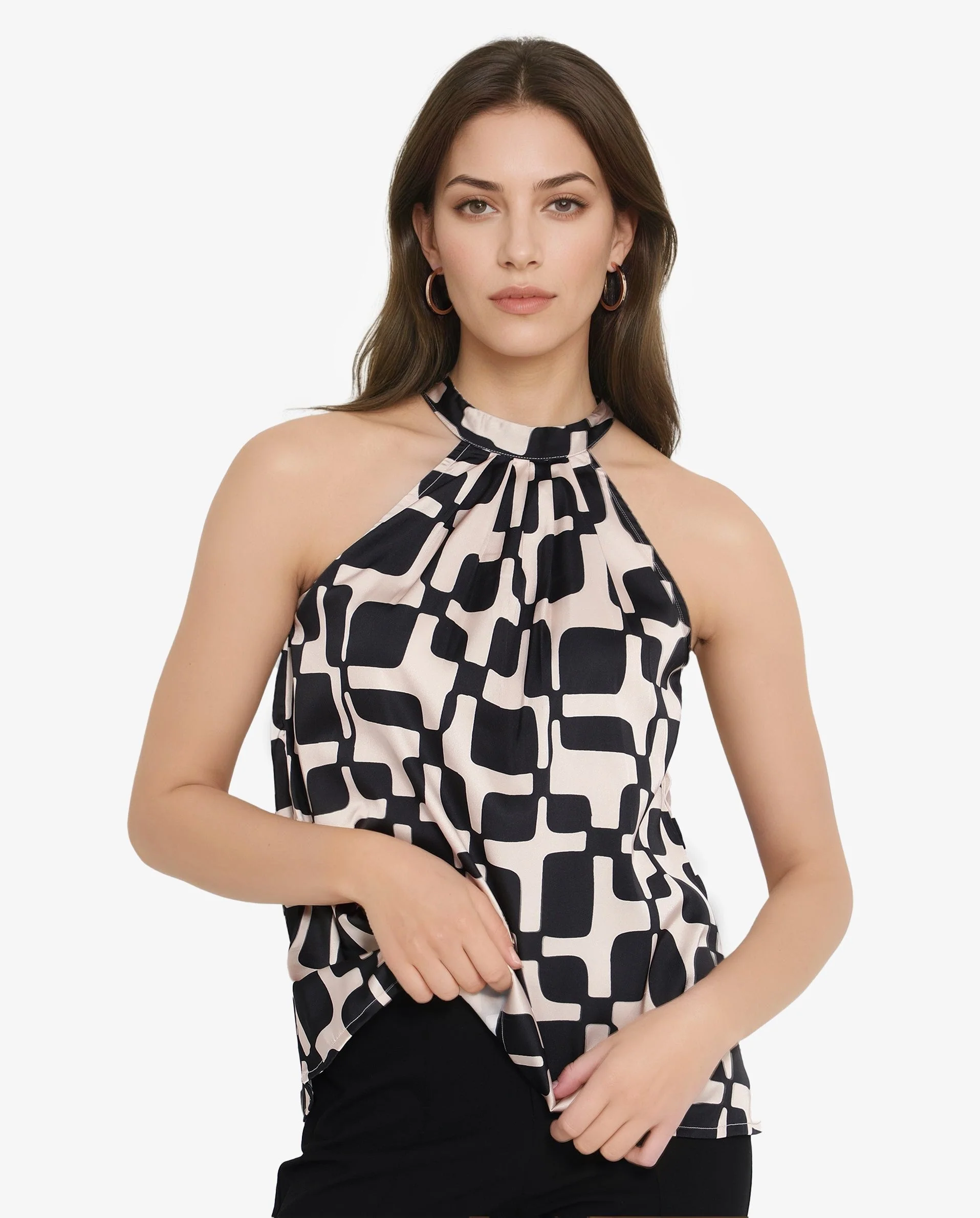 Rareism Women's Trapani Black Satin Halter Neck Abstract Print Sleeveless Regular Fit Top