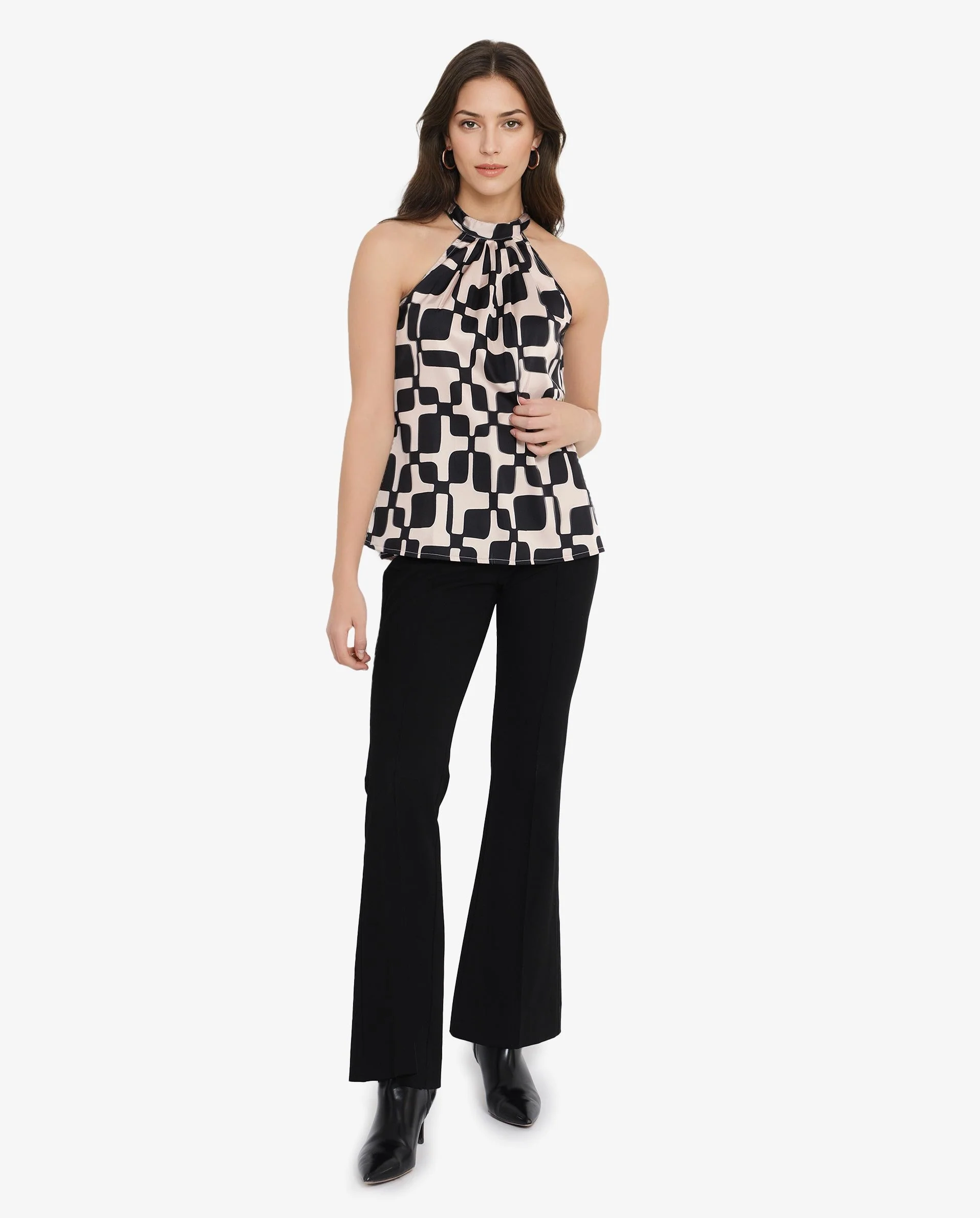 Rareism Women's Trapani Black Satin Halter Neck Abstract Print Sleeveless Regular Fit Top - Image 2