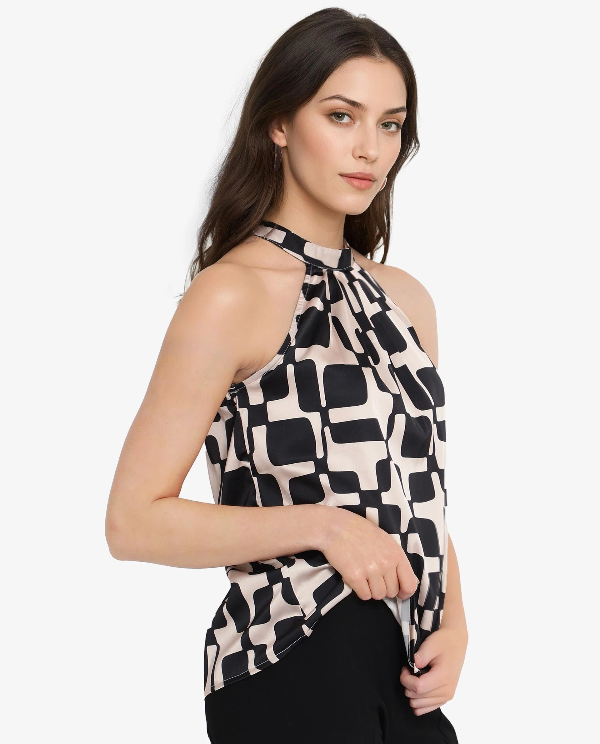 Rareism Women's Trapani Black Satin Halter Neck Abstract Print Sleeveless Regular Fit Top - Image 4