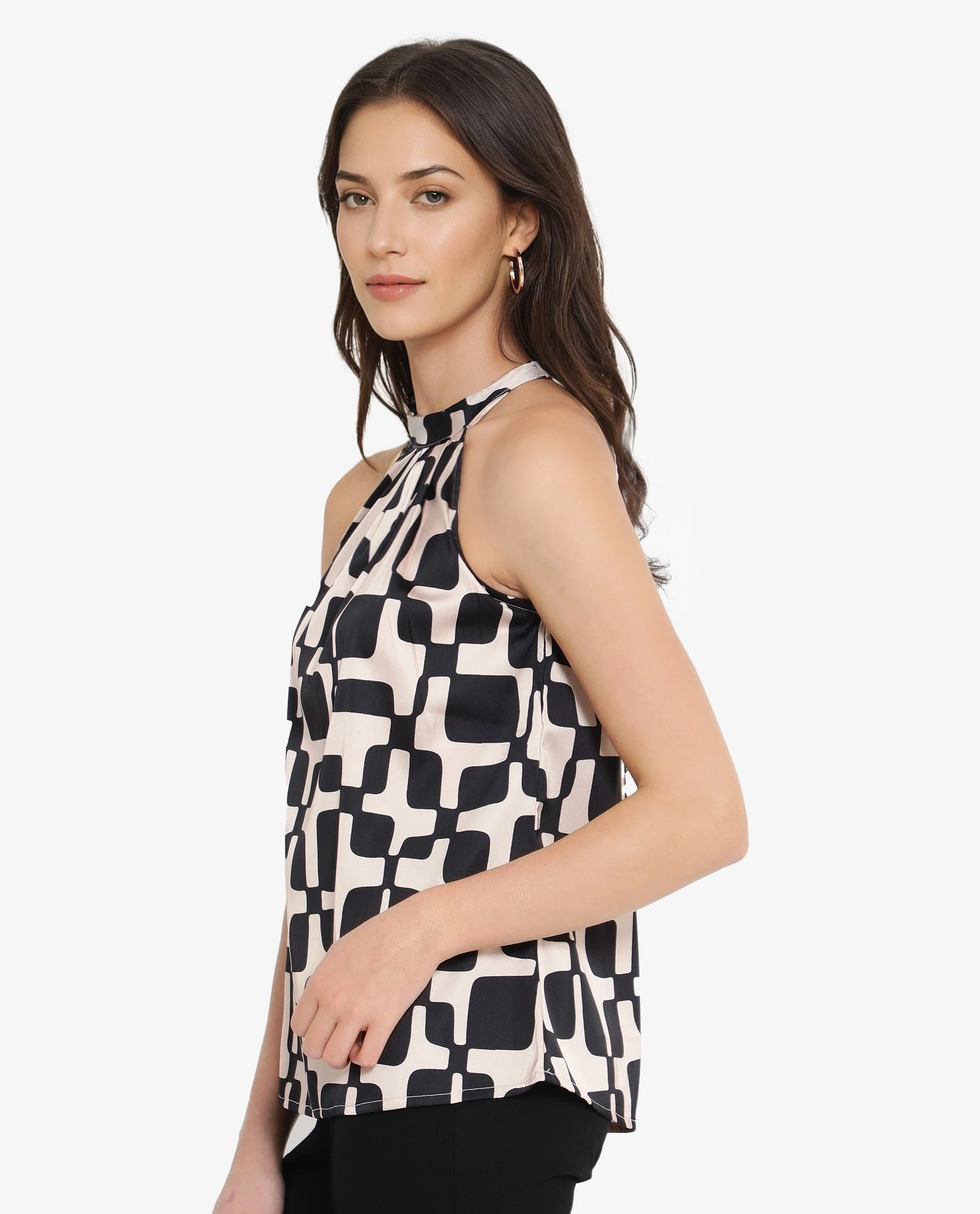 Rareism Women's Trapani Black Satin Halter Neck Abstract Print Sleeveless Regular Fit Top - Image 5