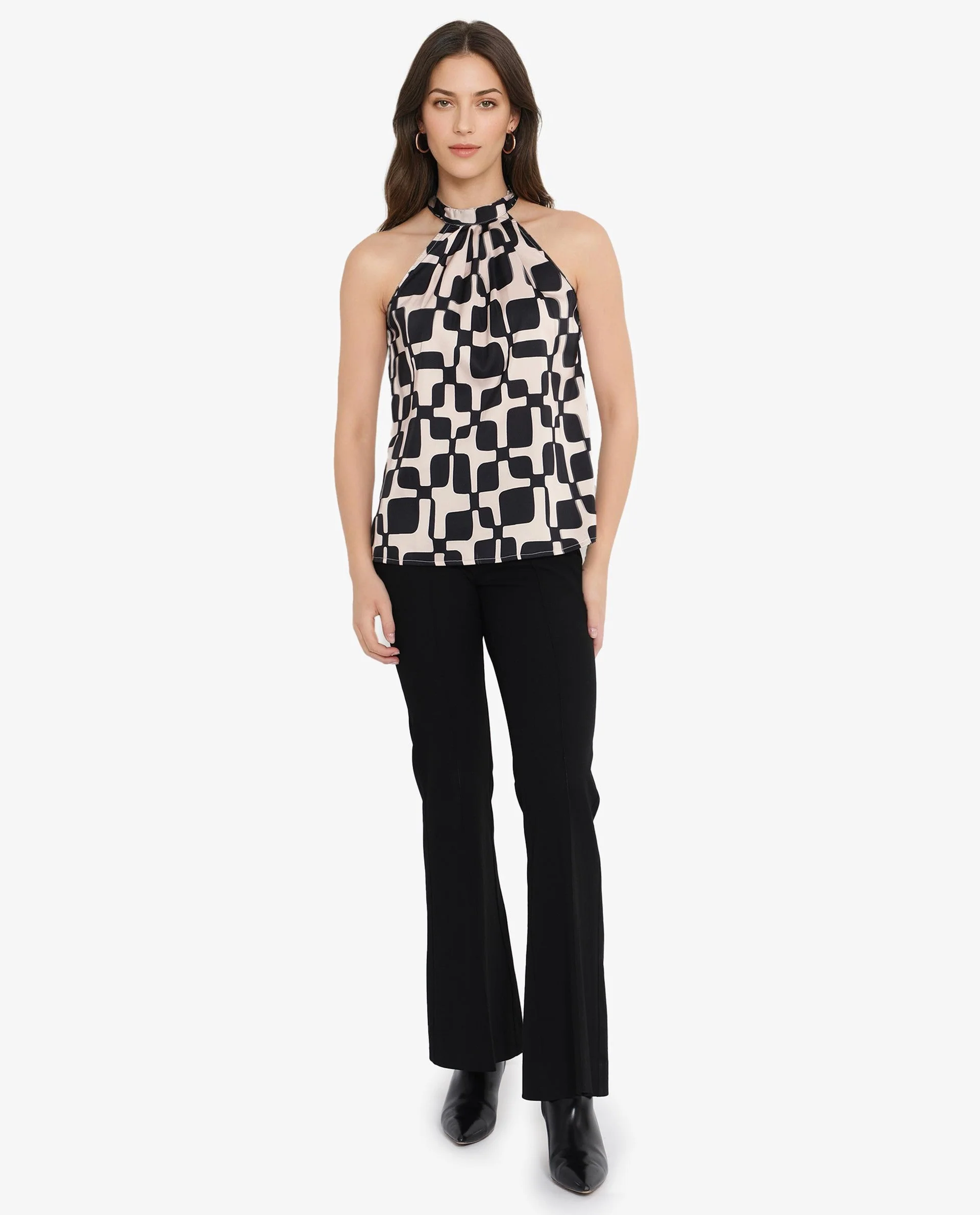 Rareism Women's Trapani Black Satin Halter Neck Abstract Print Sleeveless Regular Fit Top - Image 6