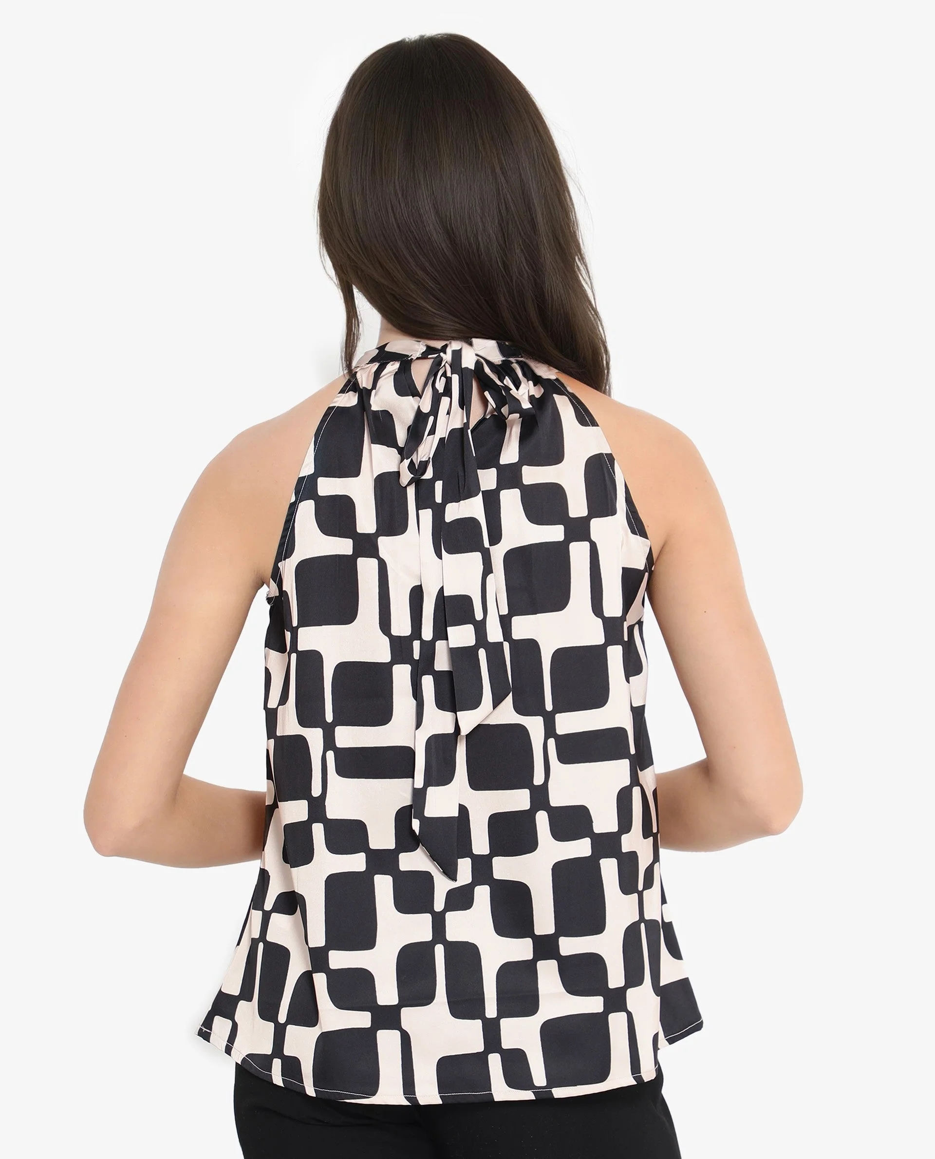 Rareism Women's Trapani Black Satin Halter Neck Abstract Print Sleeveless Regular Fit Top - Image 7