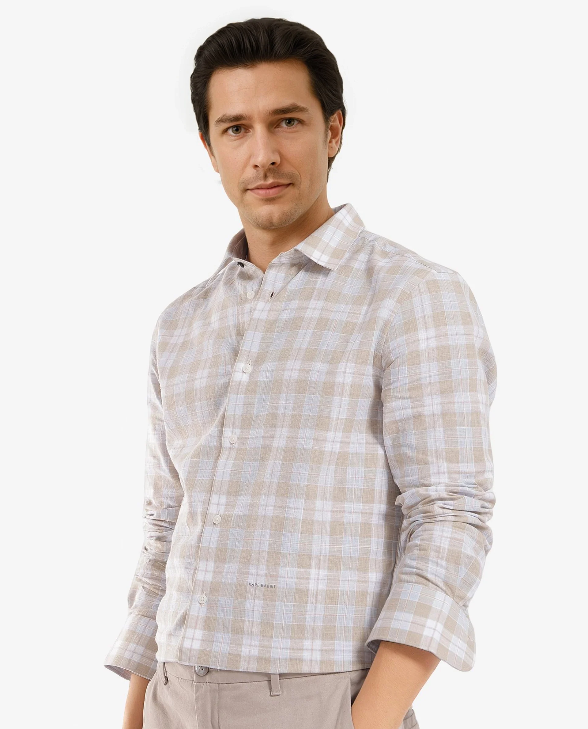 Rare Rabbit Men's Tratin Dusky Beige Cotton Checked Print Regular Fit Full Sleeve Collared Shirt - Image 6
