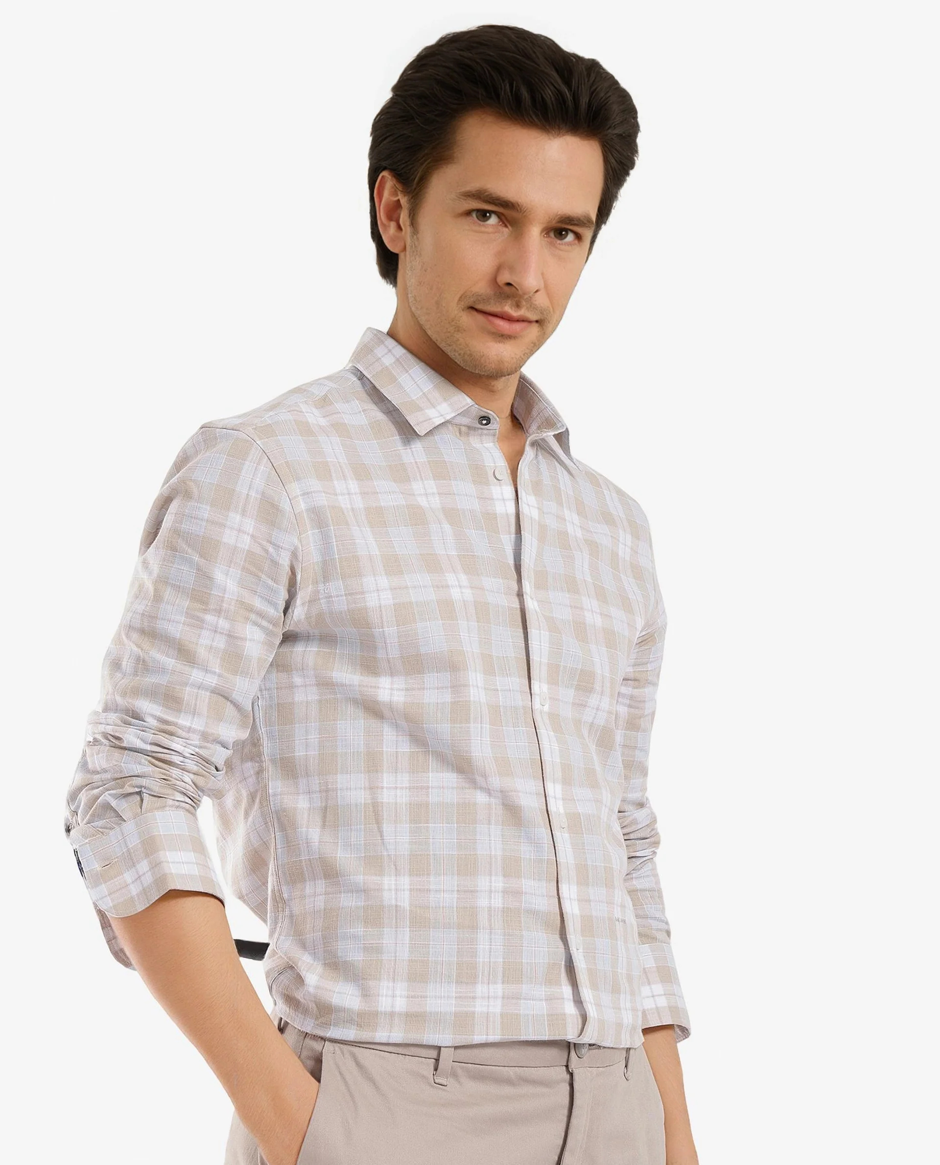 Rare Rabbit Men's Tratin Dusky Beige Cotton Checked Print Regular Fit Full Sleeve Collared Shirt - Image 7