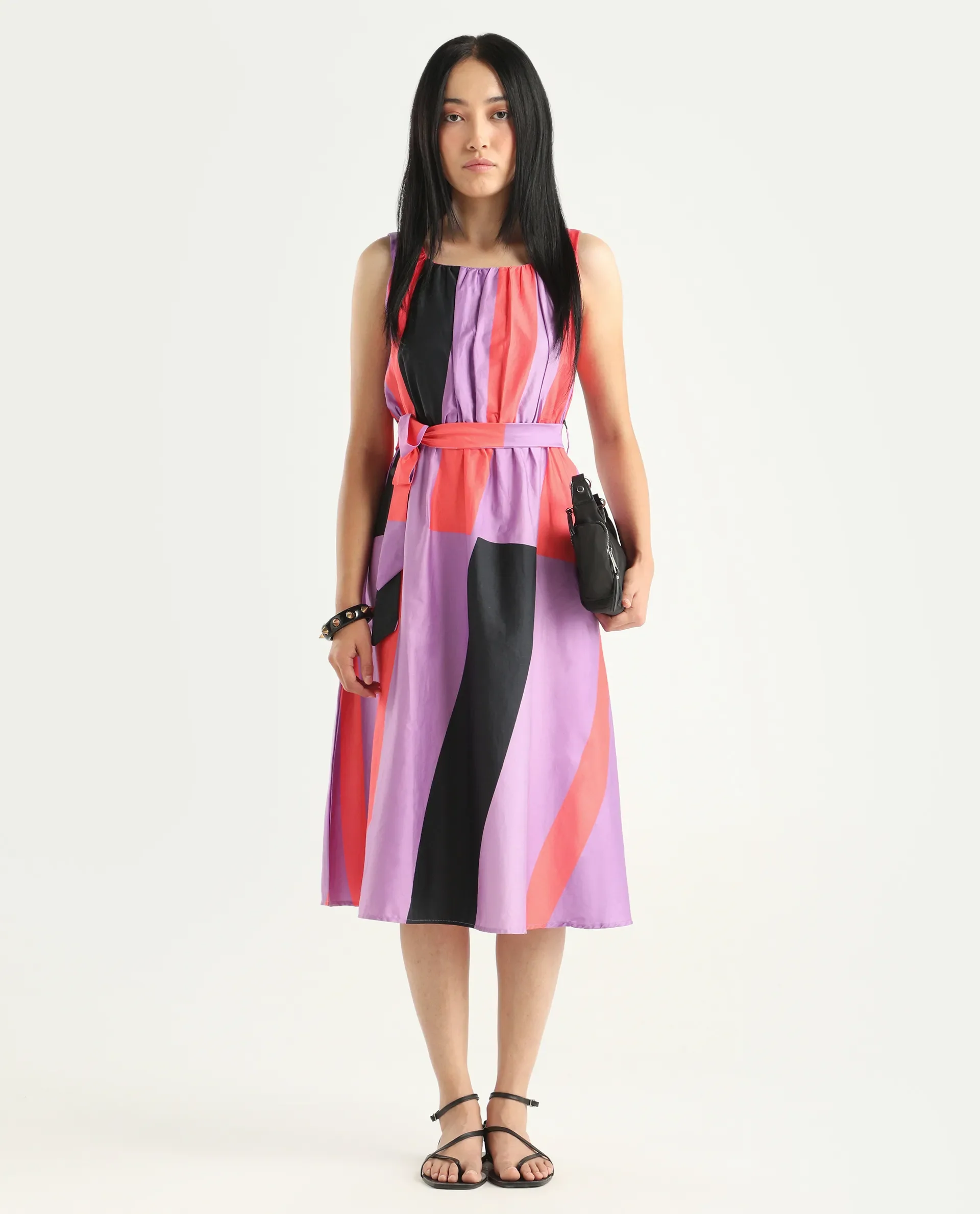 Rareism Women's Traut Purple Cotton Crew Neck Striped Sleeveless Knee Length Regular Fit Dress - Image 2