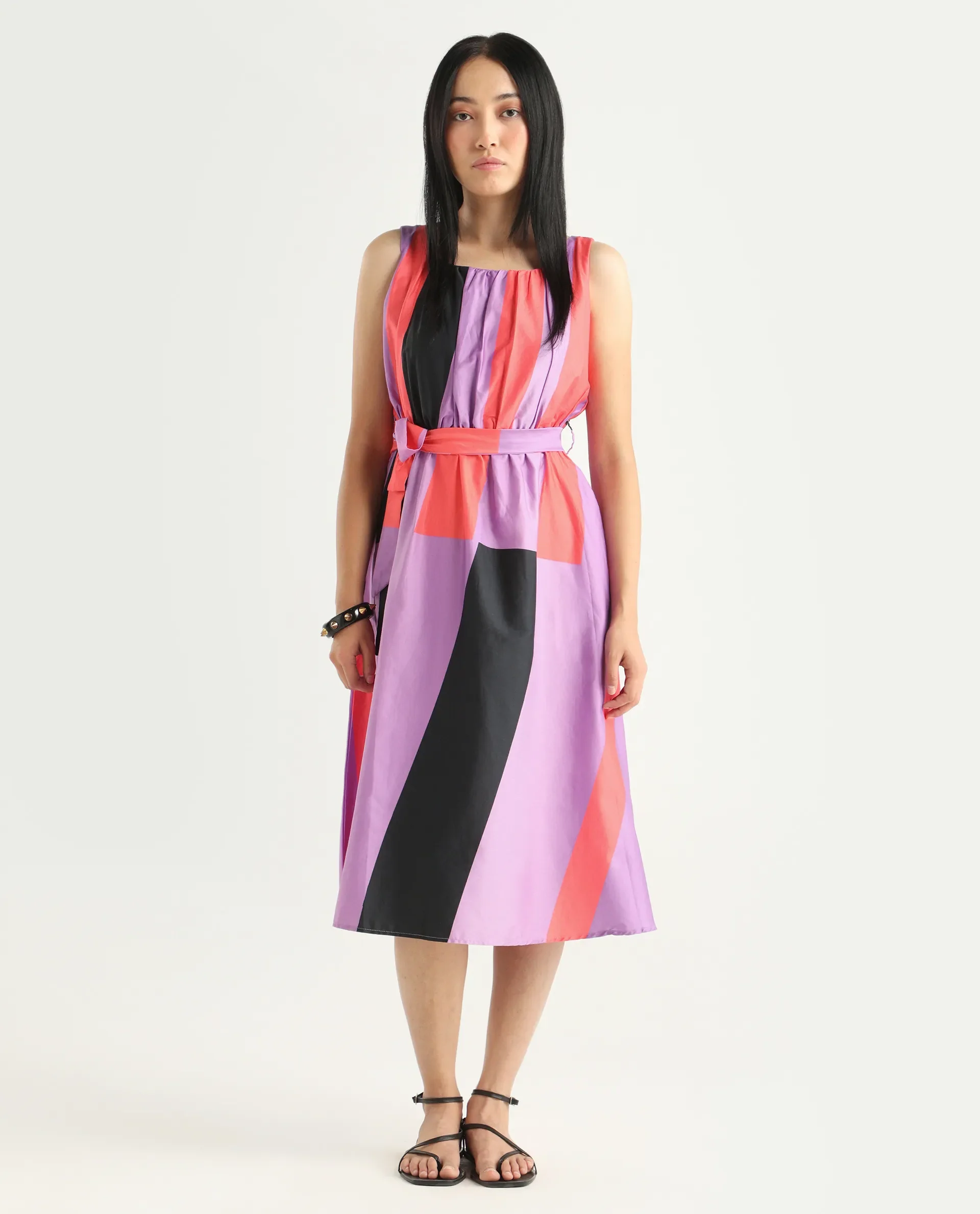 Rareism Women's Traut Purple Cotton Crew Neck Striped Sleeveless Knee Length Regular Fit Dress - Image 3