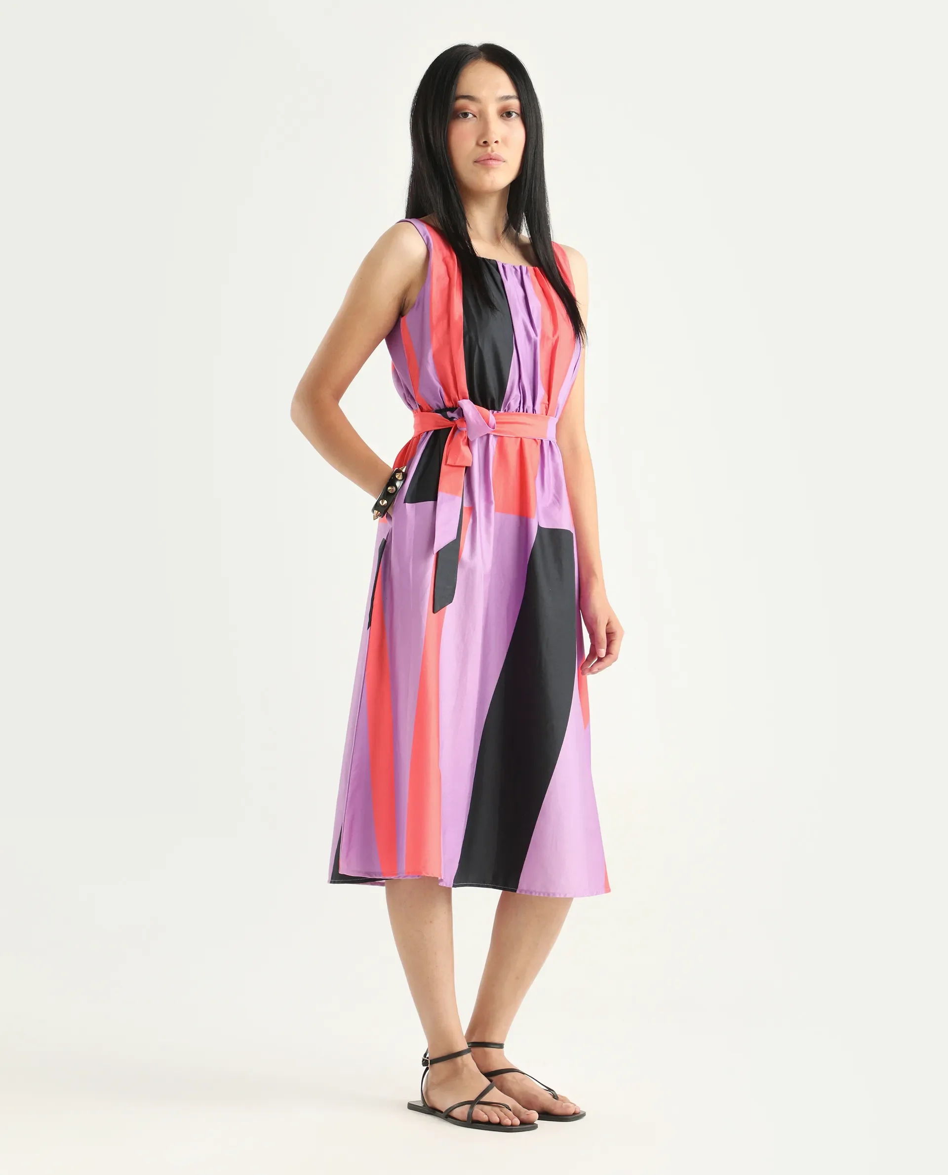 Rareism Women's Traut Purple Cotton Crew Neck Striped Sleeveless Knee Length Regular Fit Dress - Image 4