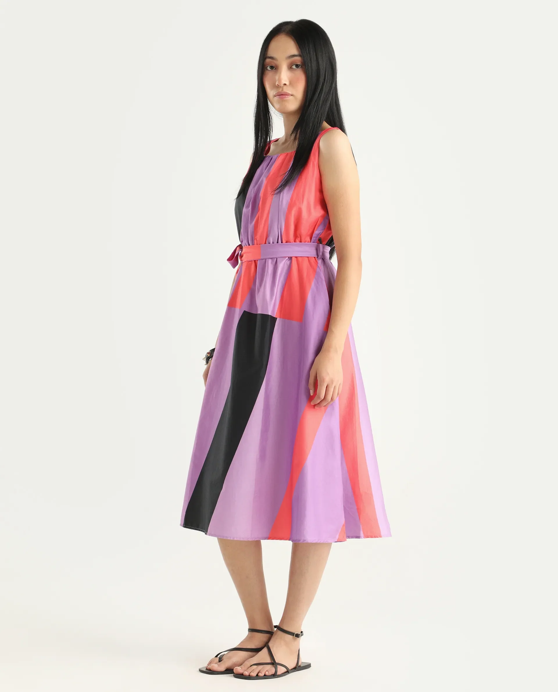 Rareism Women's Traut Purple Cotton Crew Neck Striped Sleeveless Knee Length Regular Fit Dress - Image 5