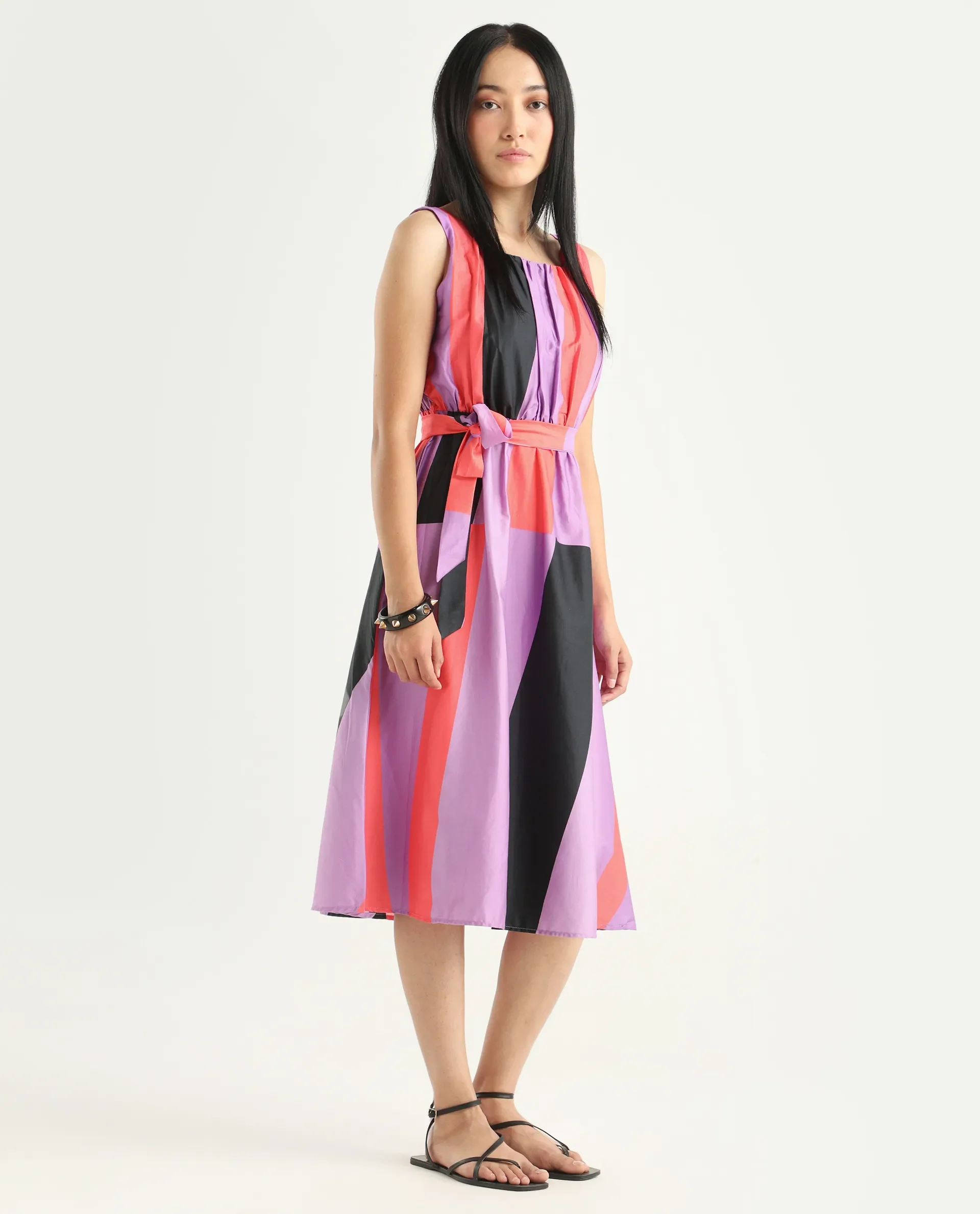 Rareism Women's Traut Purple Cotton Crew Neck Striped Sleeveless Knee Length Regular Fit Dress - Image 6