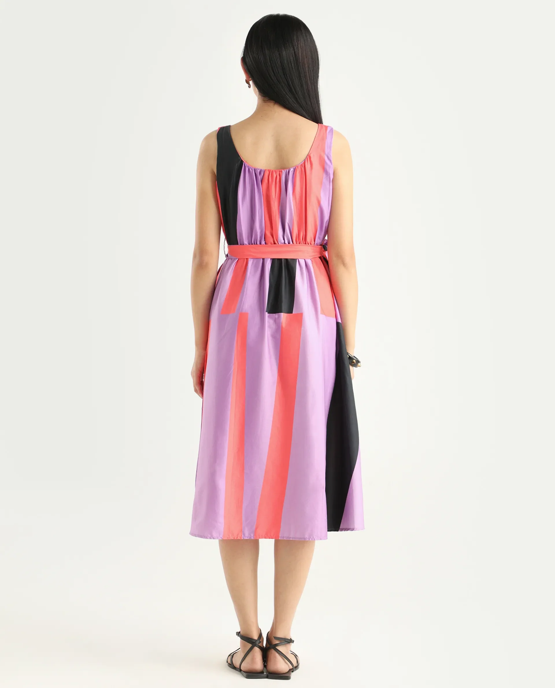 Rareism Women's Traut Purple Cotton Crew Neck Striped Sleeveless Knee Length Regular Fit Dress - Image 7