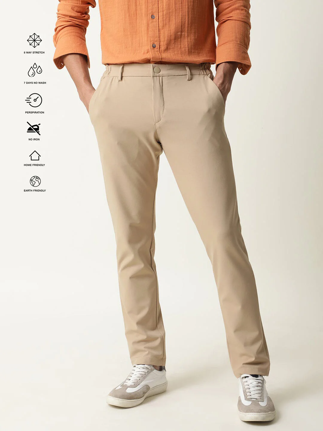 Rare Rabbit Men's Travel-1 Beige Solid Mid-Rise 4-Way Stretch Slim Fit Trouser