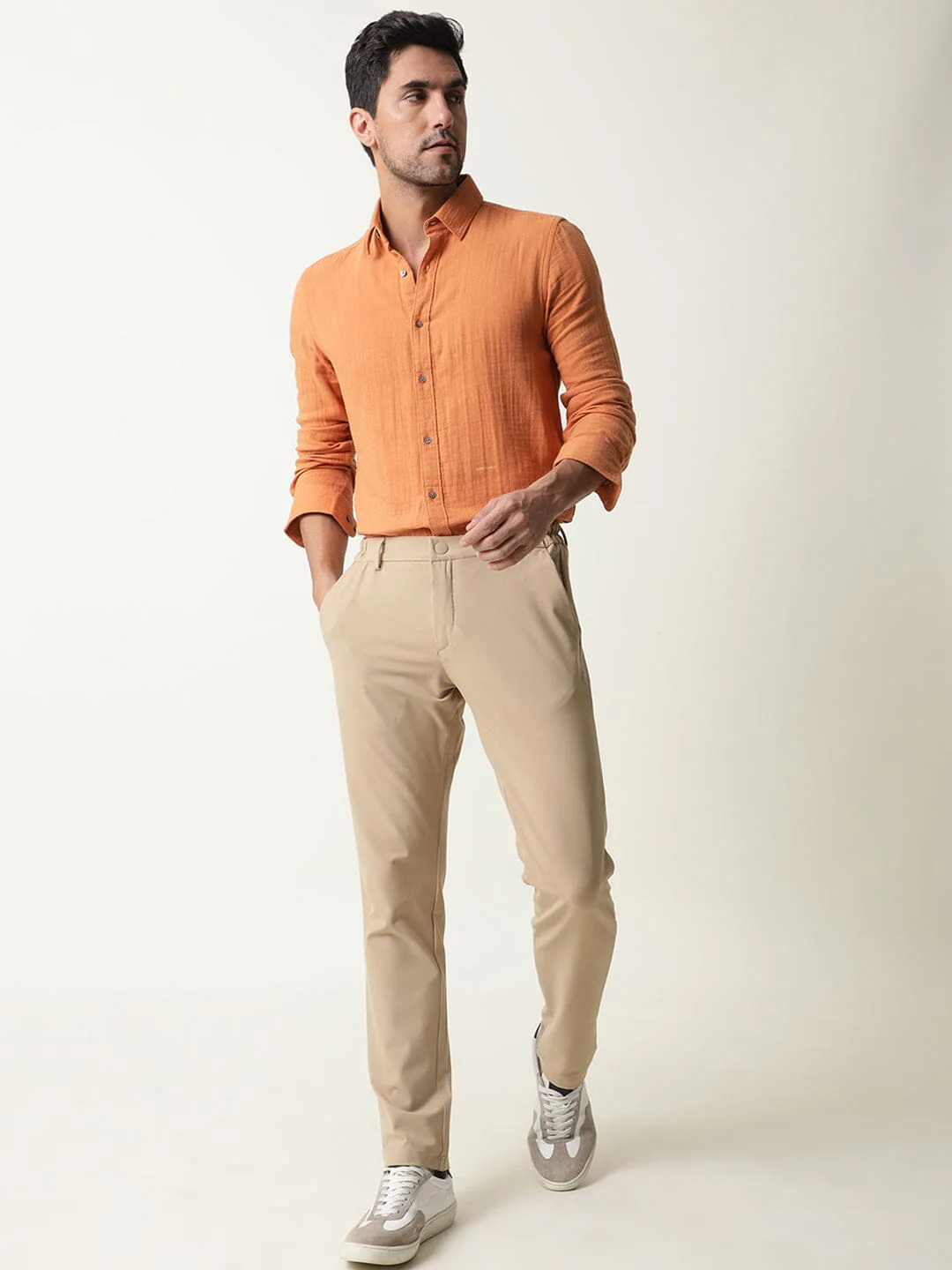 Rare Rabbit Men's Travel-1 Beige Solid Mid-Rise 4-Way Stretch Slim Fit Trouser - Image 3