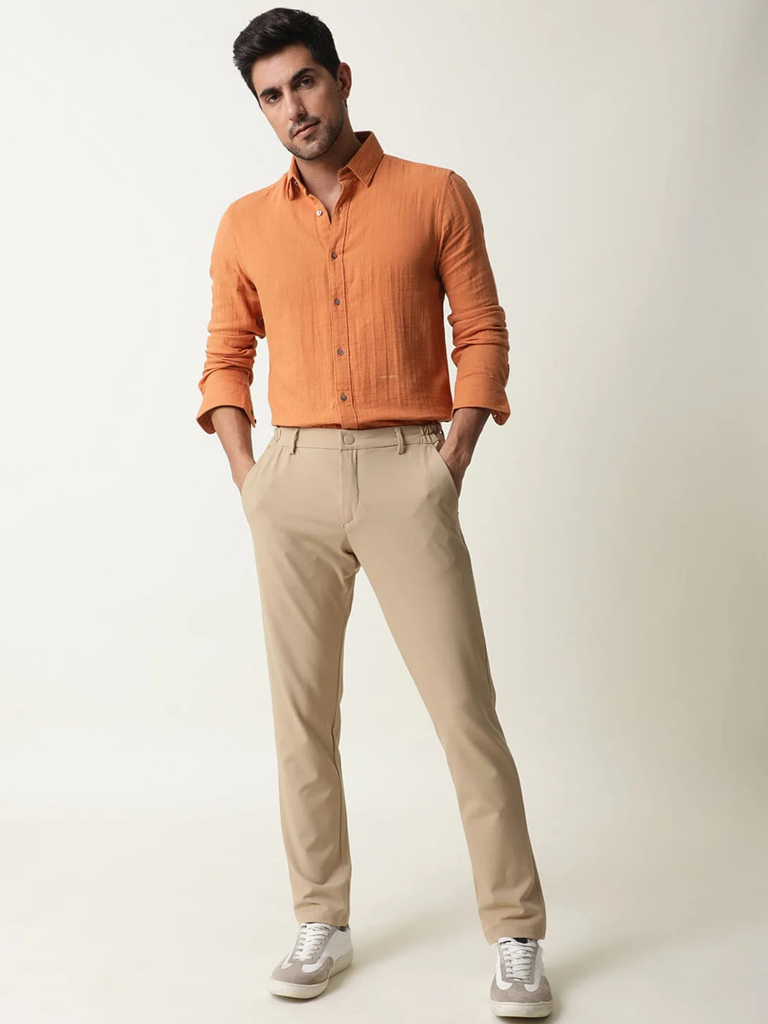 Rare Rabbit Men's Travel-1 Beige Solid Mid-Rise 4-Way Stretch Slim Fit Trouser - Image 4