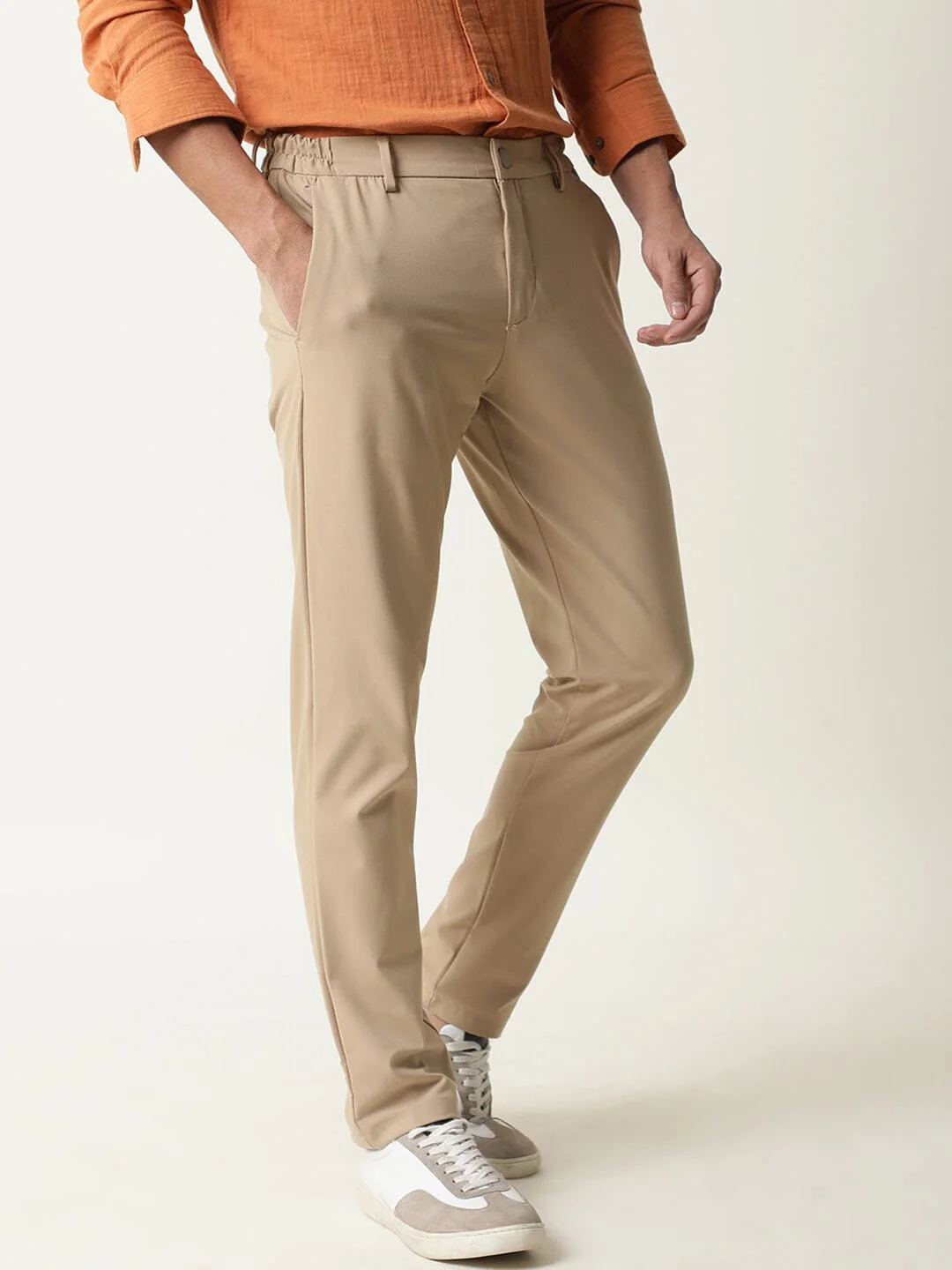 Rare Rabbit Men's Travel-1 Beige Solid Mid-Rise 4-Way Stretch Slim Fit Trouser - Image 5