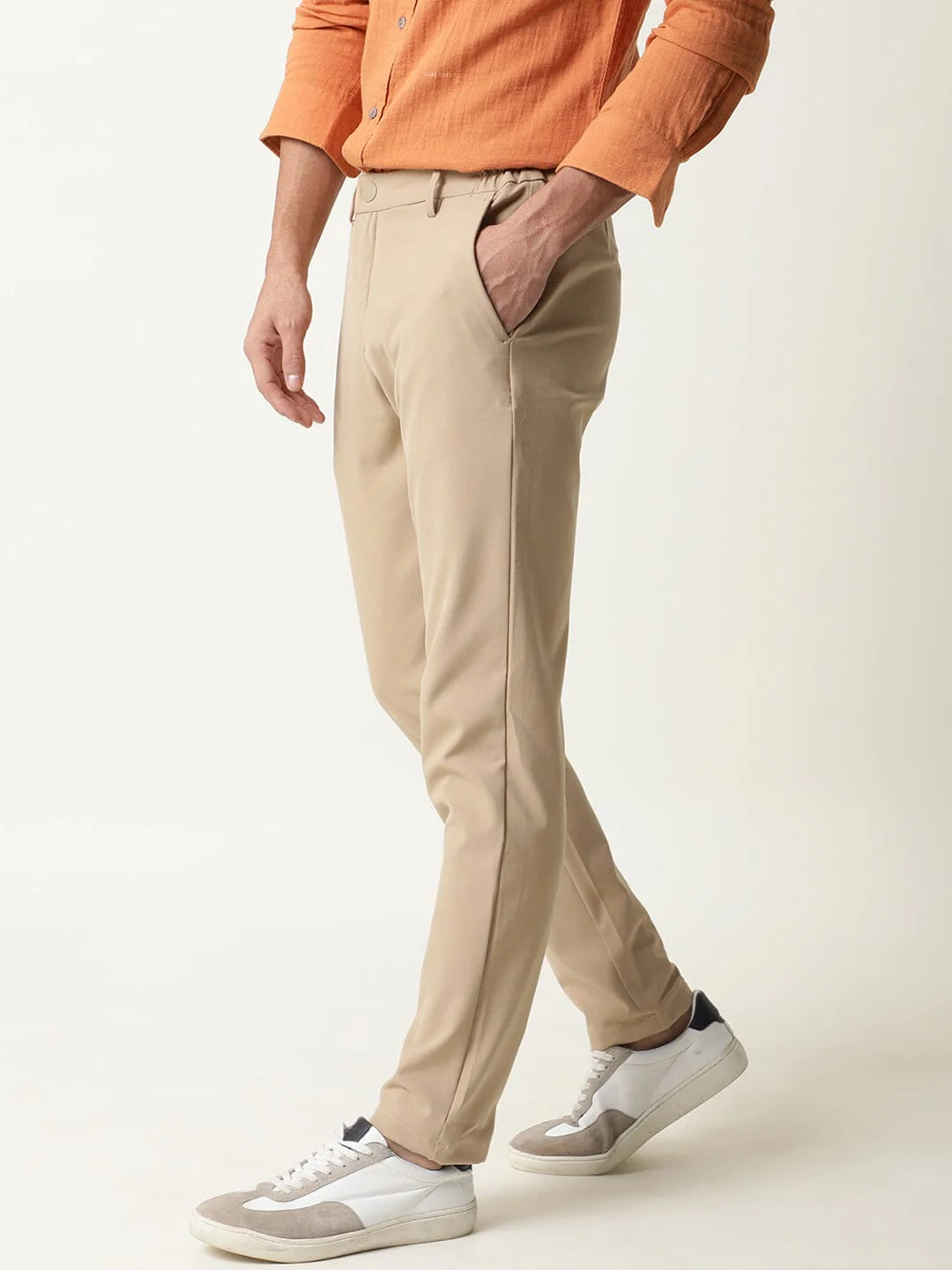 Rare Rabbit Men's Travel-1 Beige Solid Mid-Rise 4-Way Stretch Slim Fit Trouser - Image 6