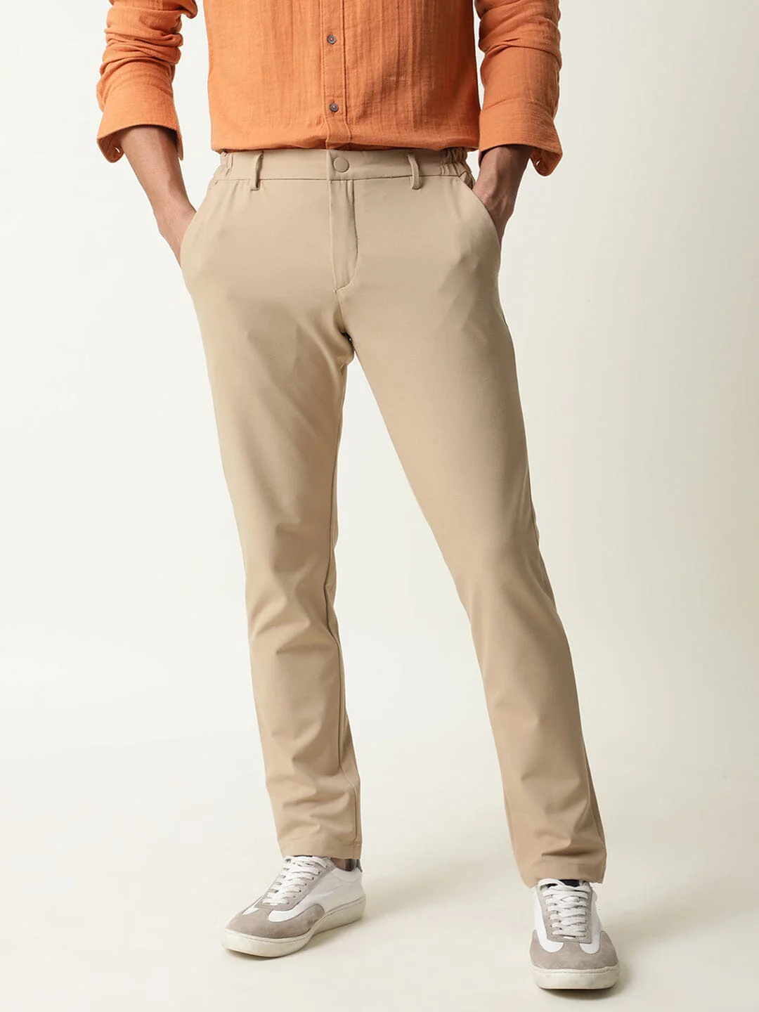 Rare Rabbit Men's Travel-1 Beige Solid Mid-Rise 4-Way Stretch Slim Fit Trouser - Image 7