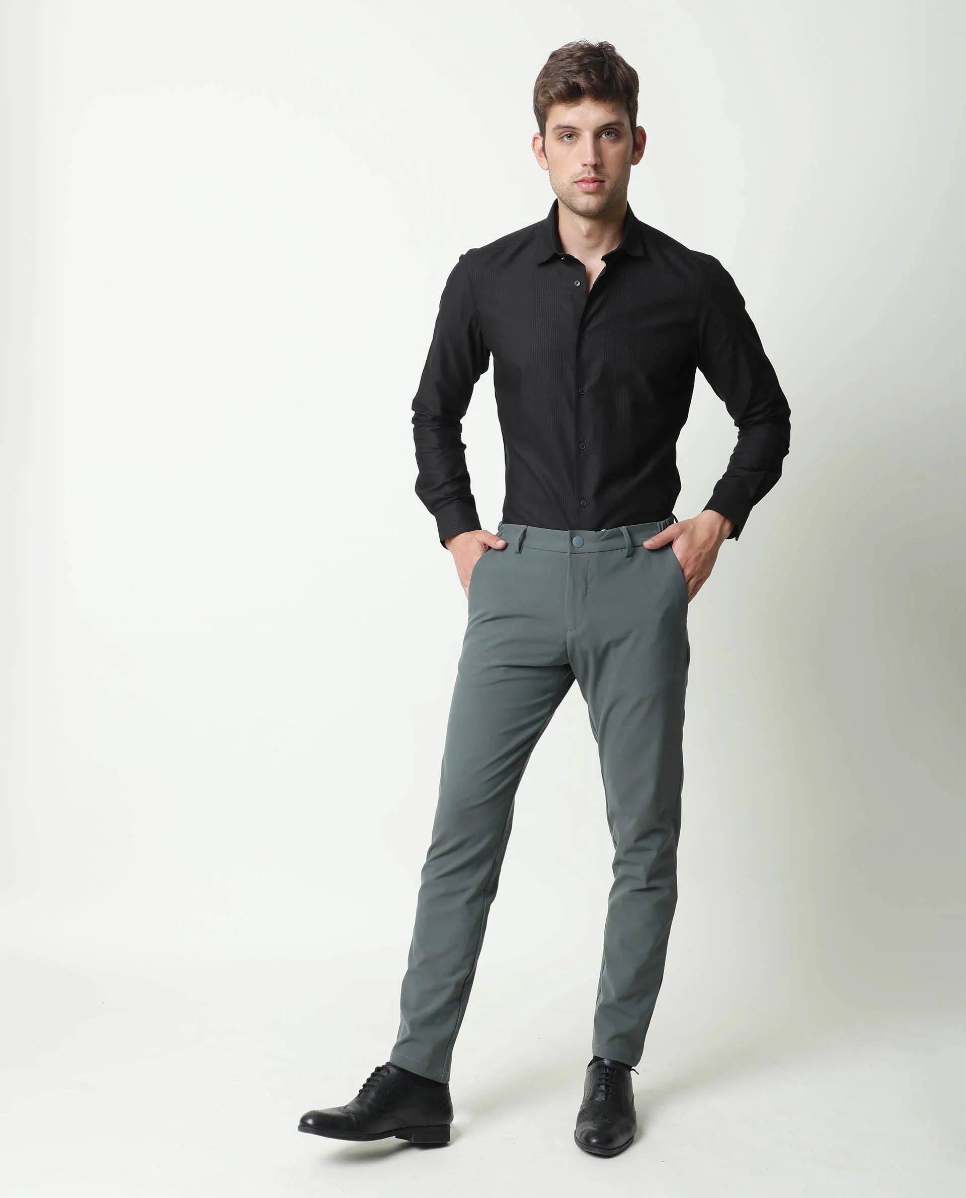 Rare Rabbit Men's Travel-1 Olive Solid Mid-Rise 4-Way Stretch Slim Fit Trouser