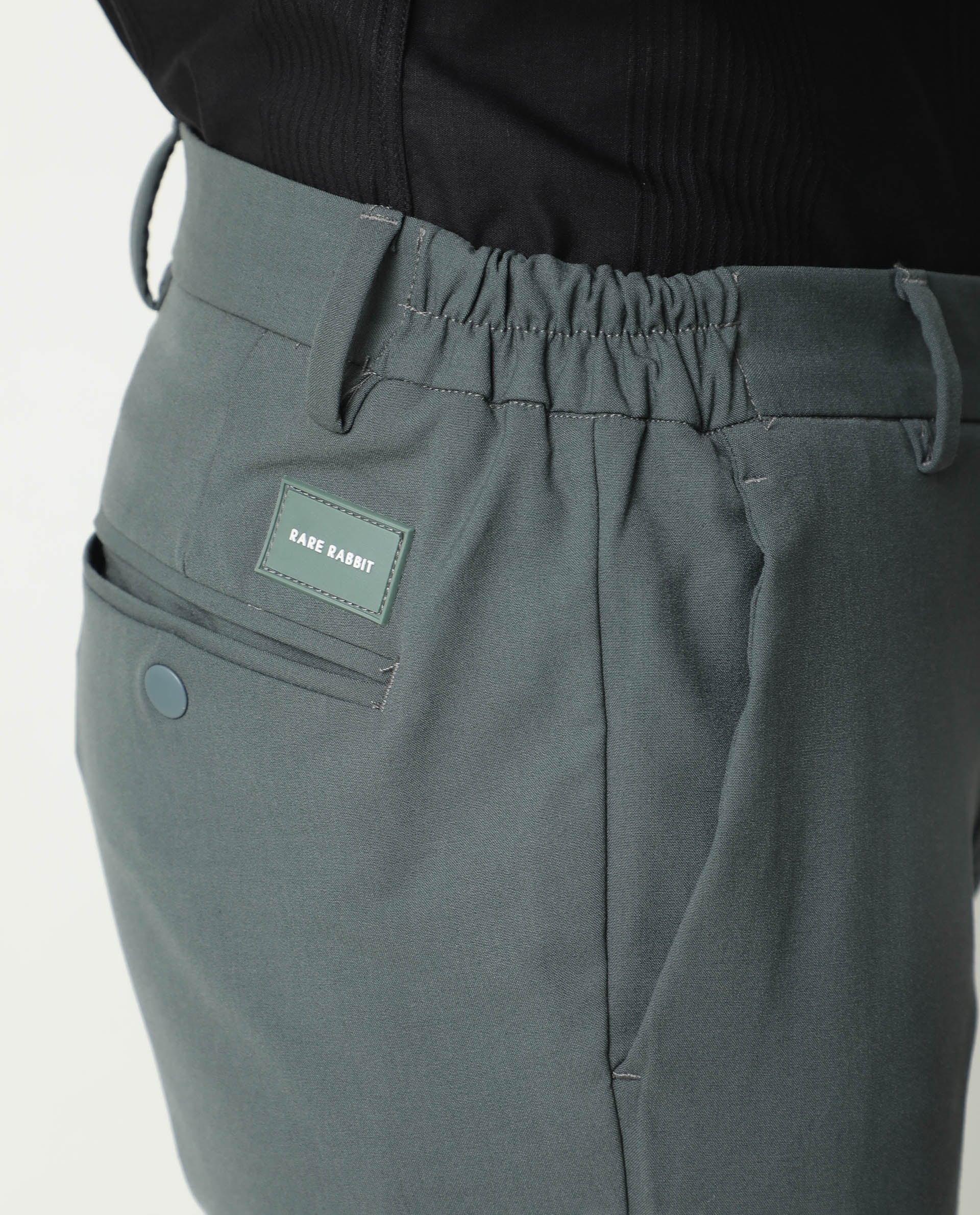 Rare Rabbit Men's Travel-1 Olive Solid Mid-Rise 4-Way Stretch Slim Fit Trouser - Image 5