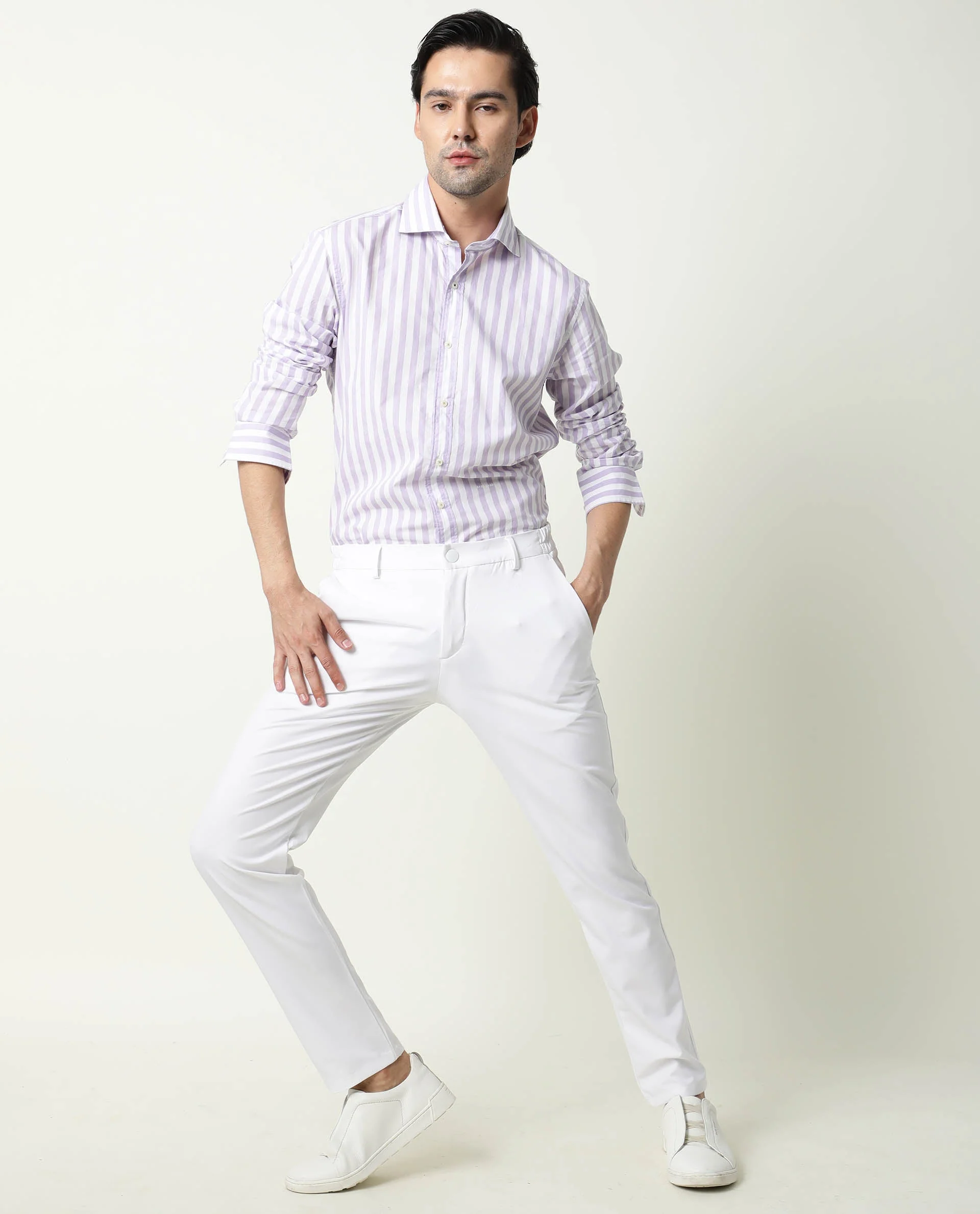 Rare Rabbit Men's Travel-1 White Solid Mid-Rise 4-Way Stretch Slim Fit Trouser