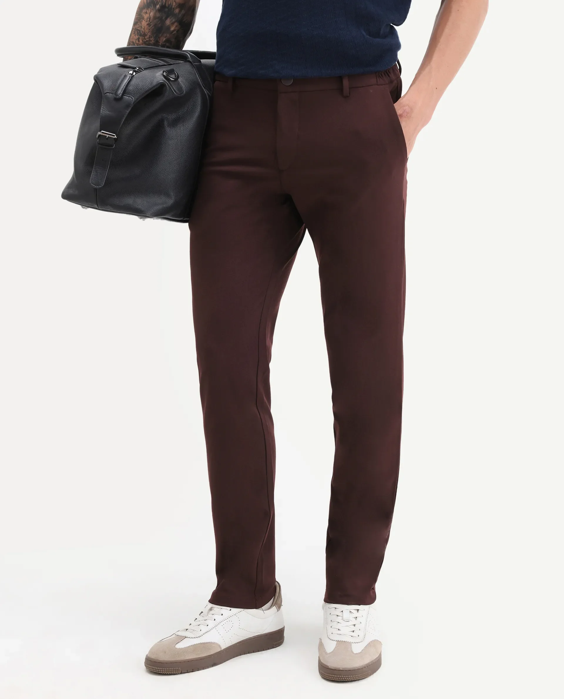 Rare Rabbit Men's Travel-1 Dark Maroon Solid Mid-Rise 4-Way Stretch Slim Fit Trousers - Image 2