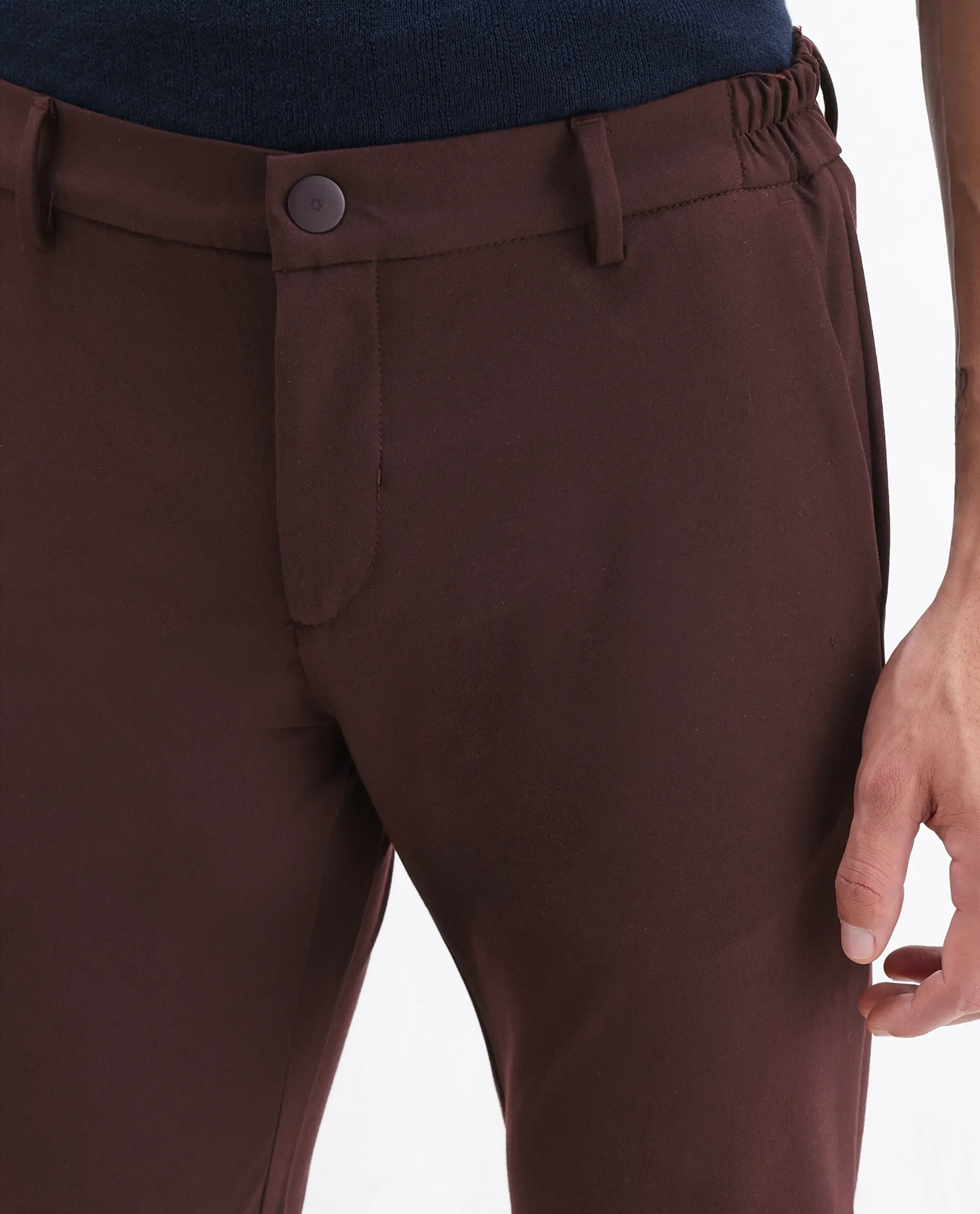 Rare Rabbit Men's Travel-1 Dark Maroon Solid Mid-Rise 4-Way Stretch Slim Fit Trousers - Image 3