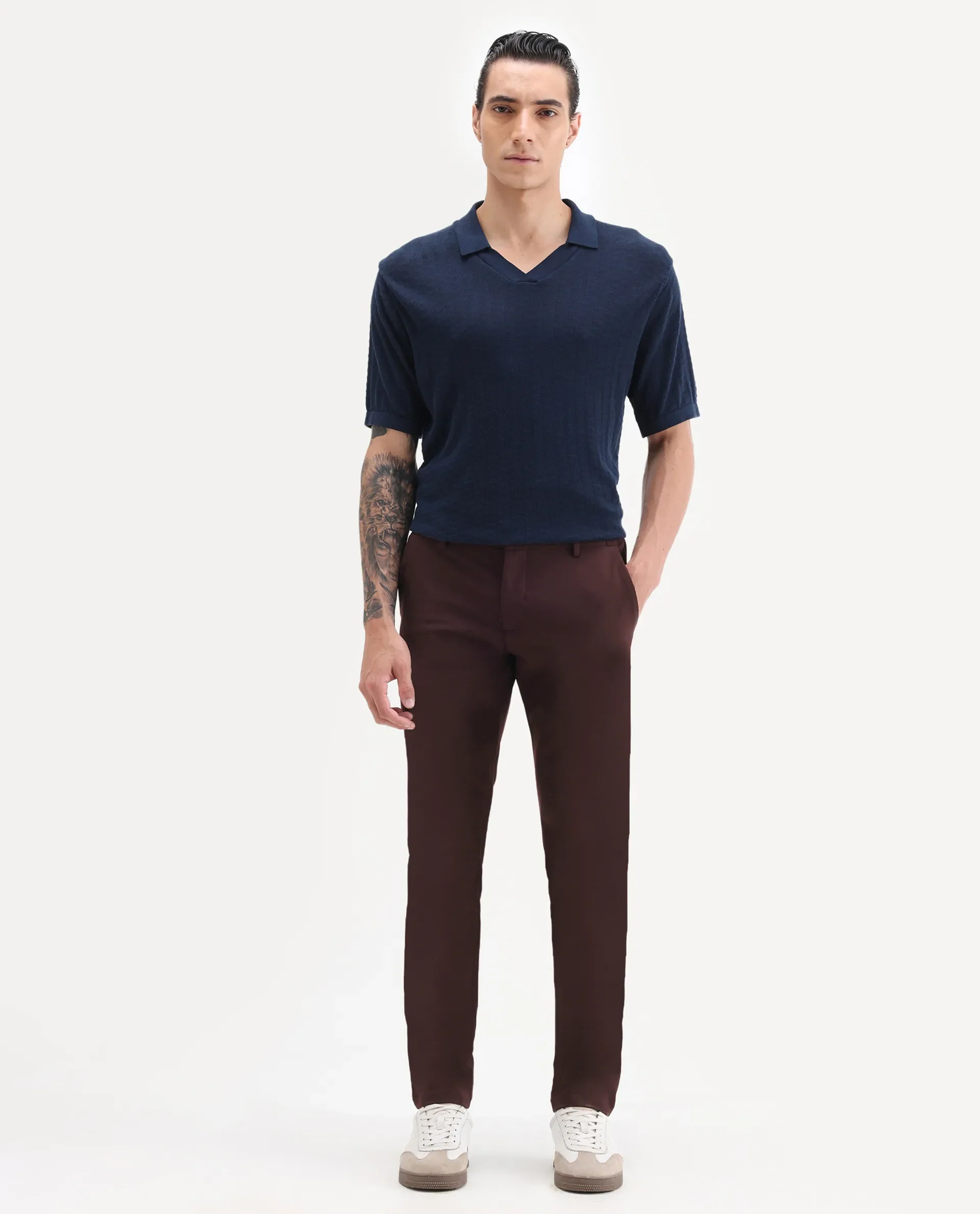Rare Rabbit Men's Travel-1 Dark Maroon Solid Mid-Rise 4-Way Stretch Slim Fit Trousers - Image 4