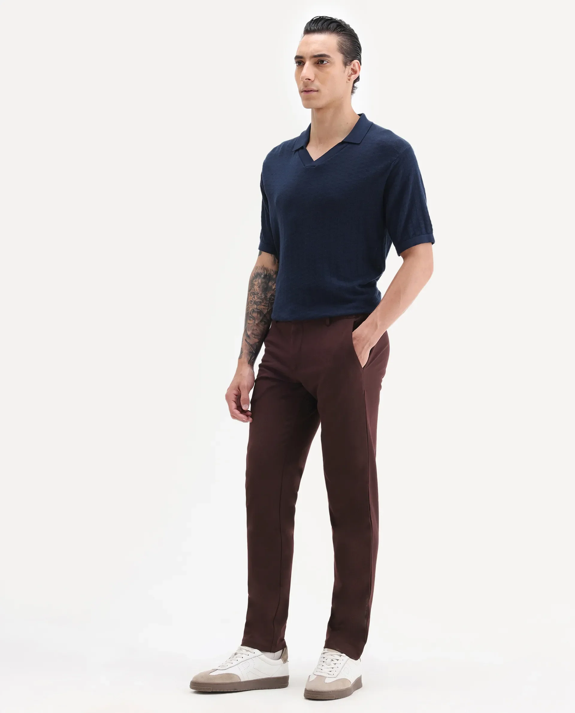 Rare Rabbit Men's Travel-1 Dark Maroon Solid Mid-Rise 4-Way Stretch Slim Fit Trousers - Image 5